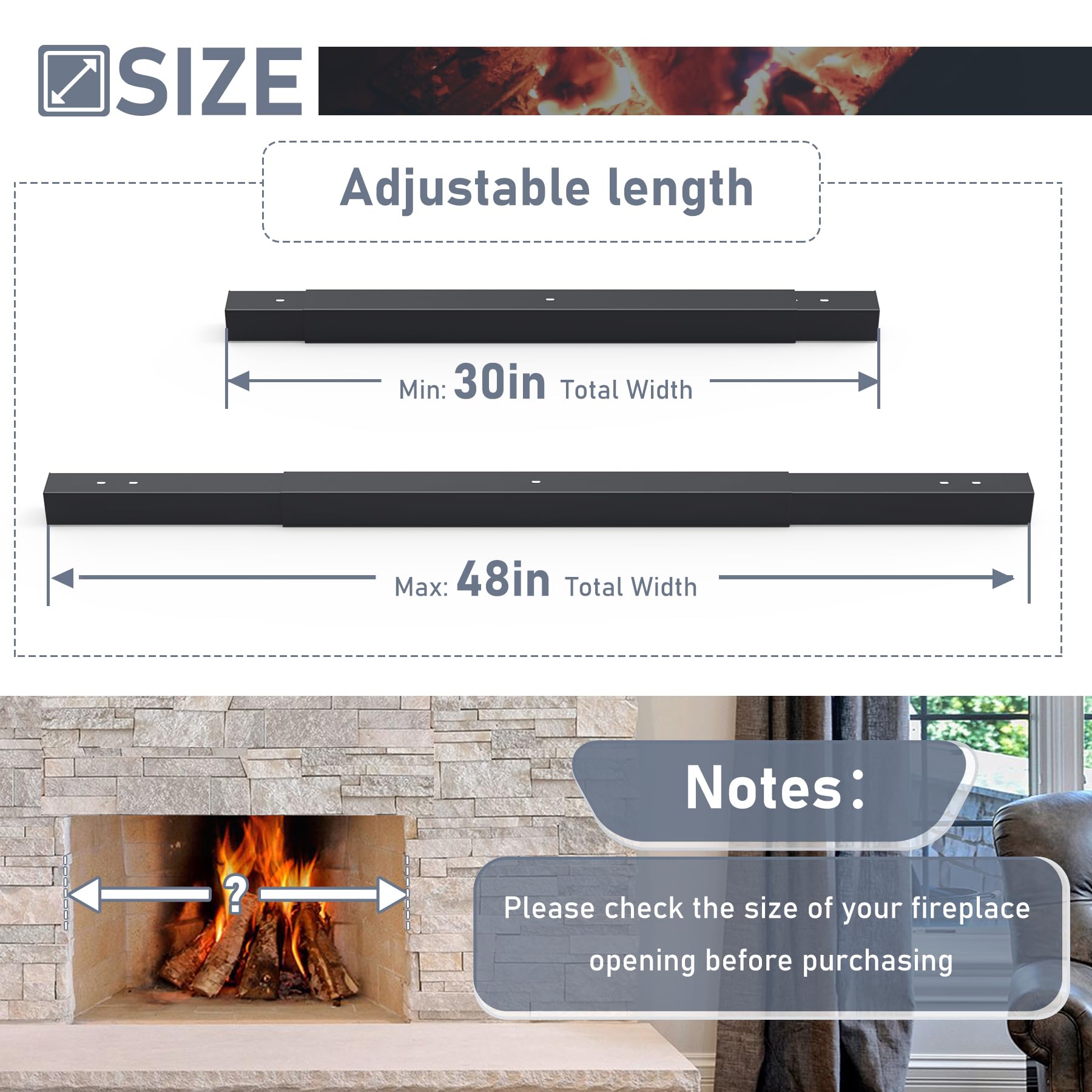 Flamorrow Adjustable Fireplace Curtain Rod & Valance Kit - Black Metal Spark Screen & Mesh Screen Curtain Rod Set for Fireplace Safety - Perfect for Living Room, Bedroom, and Home Decor