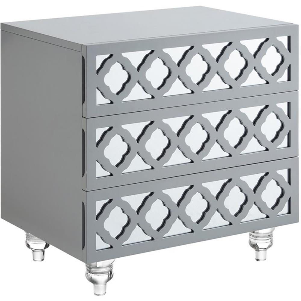 Serenity 3-Drawer Mirrored Trellis Pattern Nightstand in Light Gray - Elegant Bedside Table for Modern Bedroom Decor
