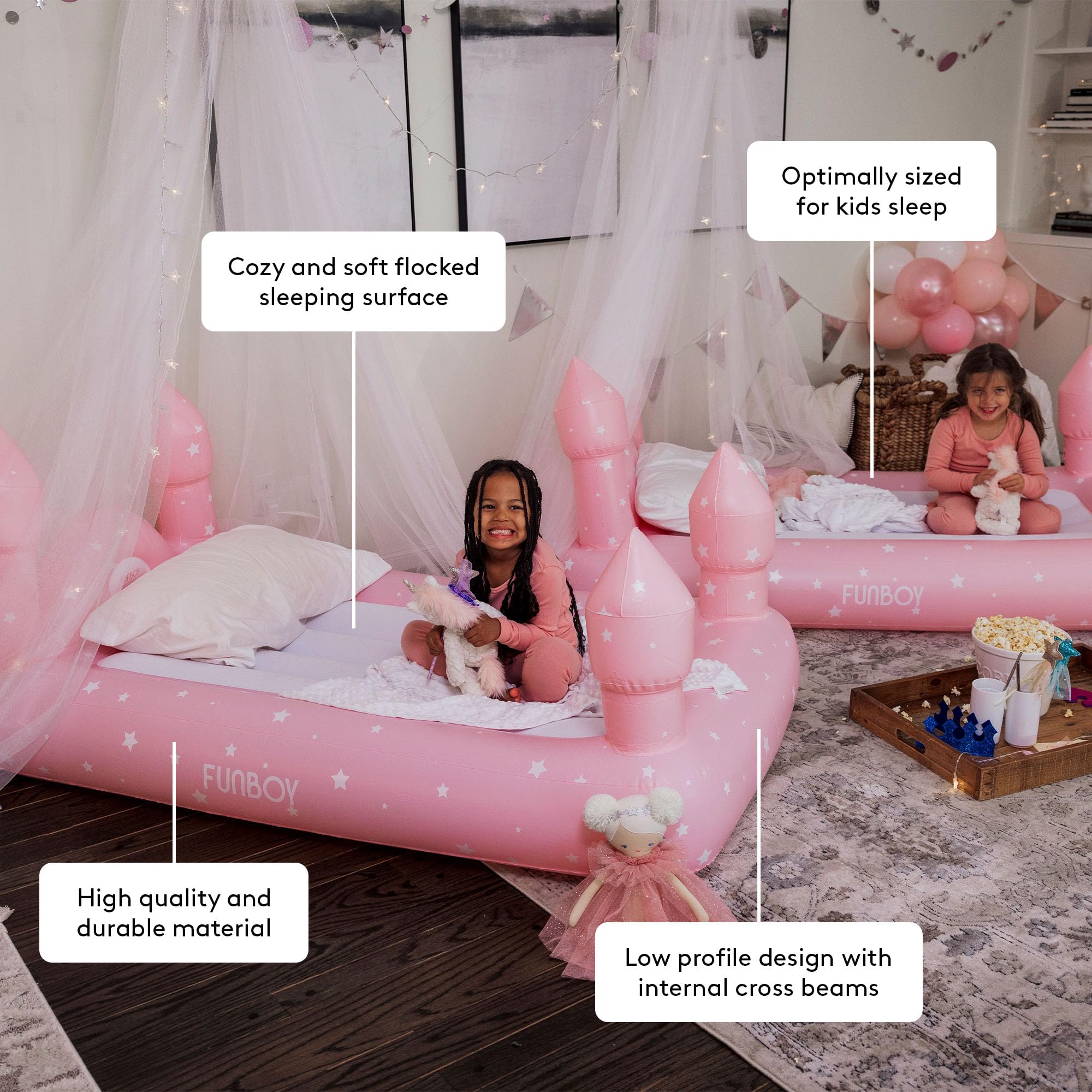 Funboy Kids Pink Castle Inflatable Travel Bed with Air Mattress - Portable Sleepover Bed for Girls, Includes Carry Bag - Perfect for Slumber Parties, Camping & Indoor Play (Twin Size)