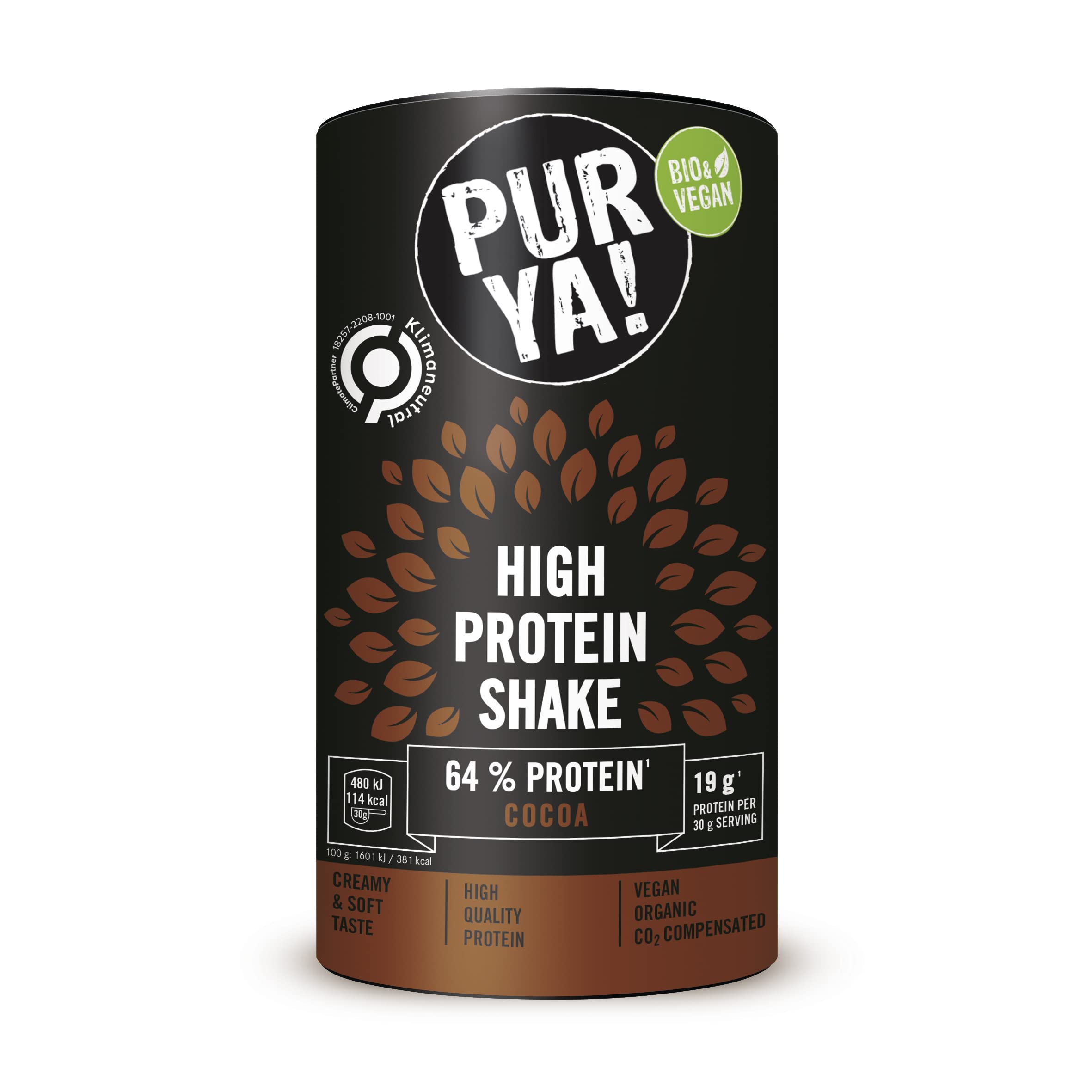 PURYA! Vegan High Protein Shake Cocoa - Organic Plant-Based Protein Drink Powder for Sports & Fitness, Lactose-Free, 500g - Perfect for Post-Workout Recovery & Healthy Meal Replacement
