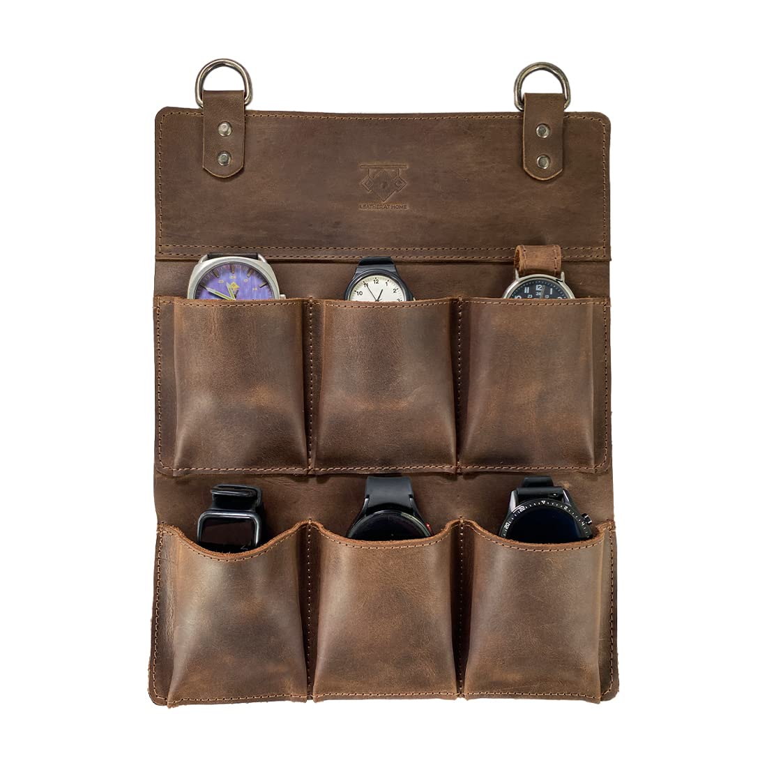 Premium Watch Hanger & Bracelet Organizer - Handmade Full Grain Leather Wall Mount Storage for Jewelry | Perfect for Bedroom, Closet & Travel Accessory Organization (Bourbon Brown)