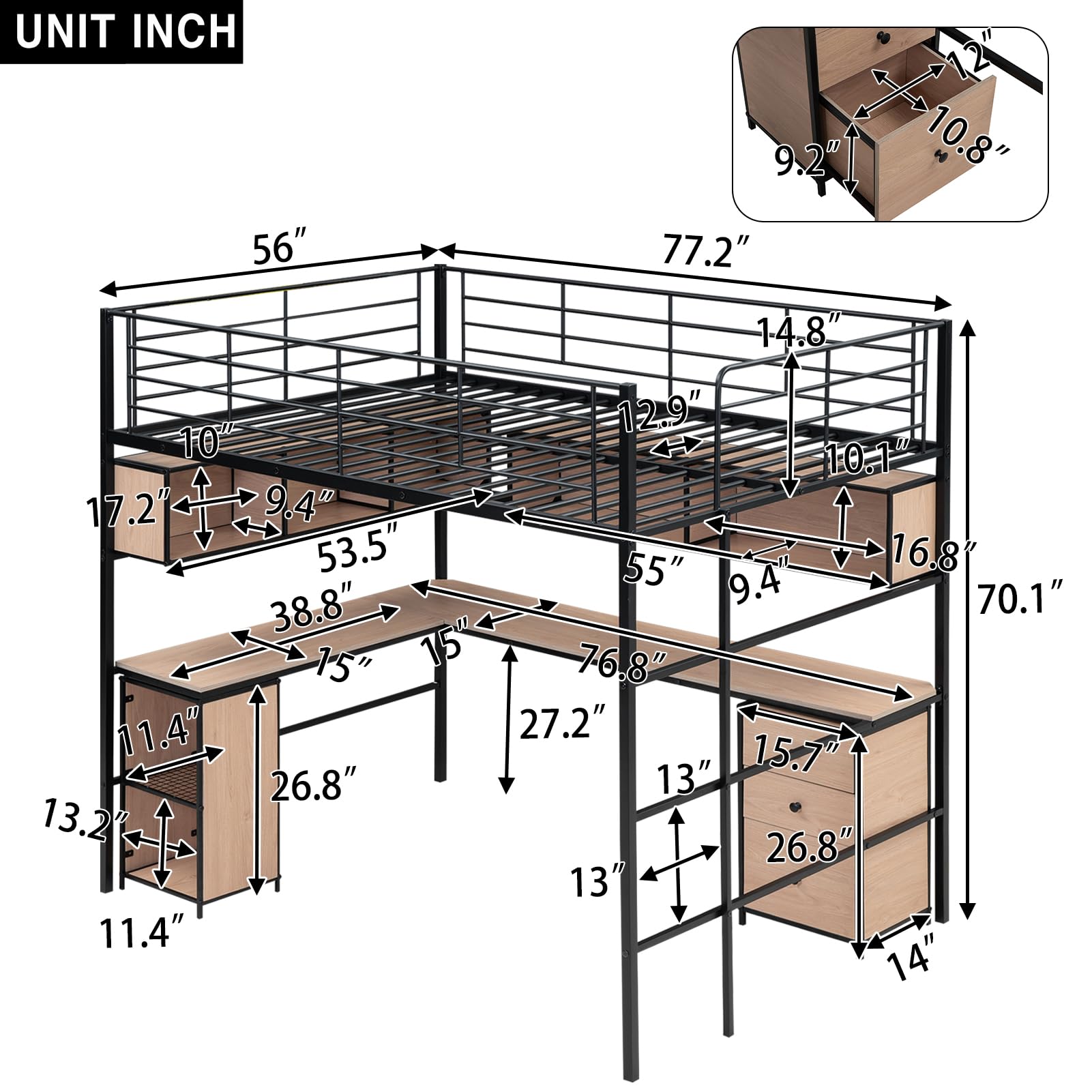 Full Size Loft Bed with Desk & Storage - Metal Bed Frame with Bookcase & Cabinet - Space Saving Black Loft Bed for Small Rooms, Dorm, Studio Apartments & Kids Bedroom