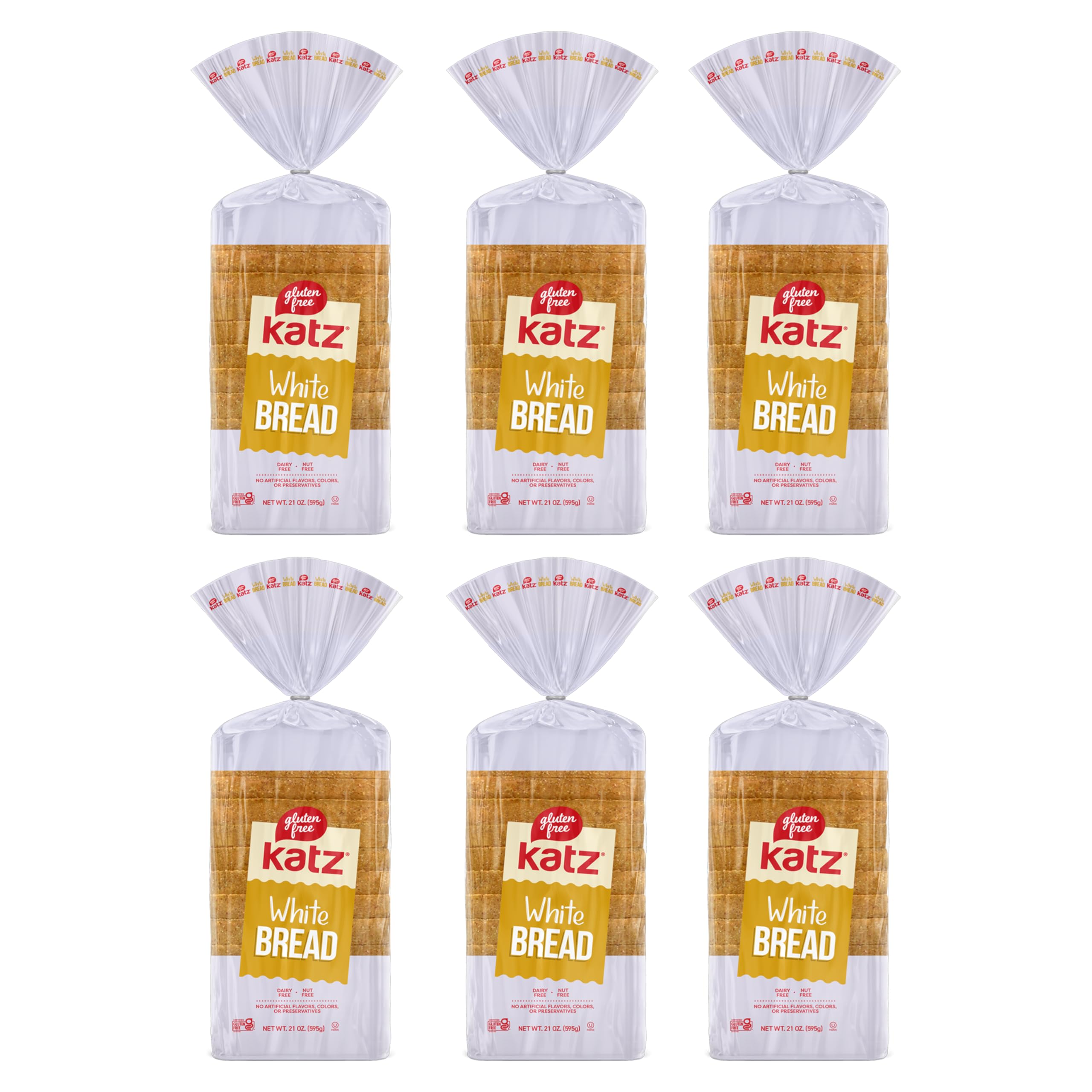 Katz Gluten Free White Bread - Dairy Free, Nut Free, Kosher Certified (6 Pack, 21oz Each) | Soft Sliced Loaf for Sandwiches, Toast & School Lunches