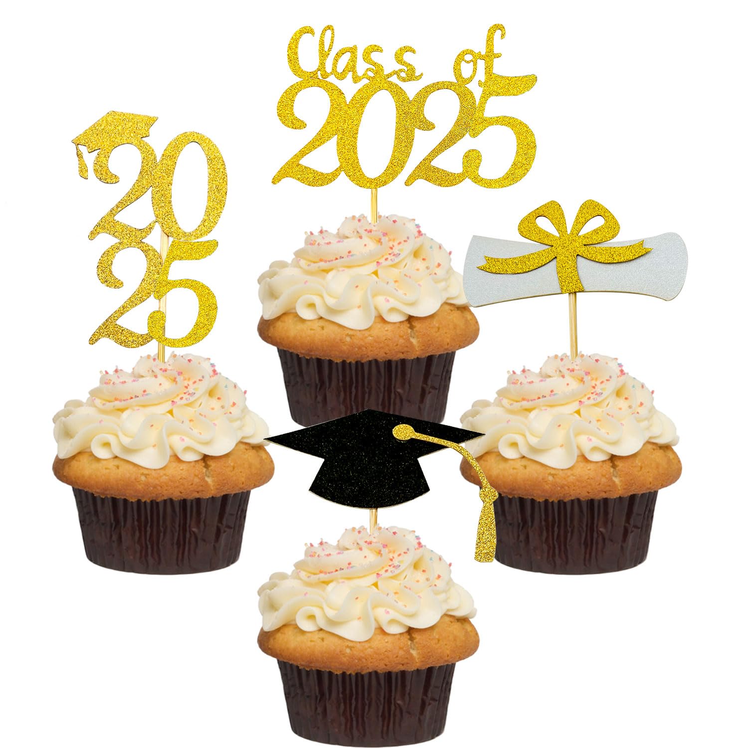 2025 Graduation Cupcake Toppers - 48pcs Glitter Gold & Black Grad Cap & Diploma Decorations for Graduation Party | Class of 2025 Dessert Toppers for Cakes, Cupcakes & Treats - Perfect for Graduation Ceremony, School Party & Celebration Decor