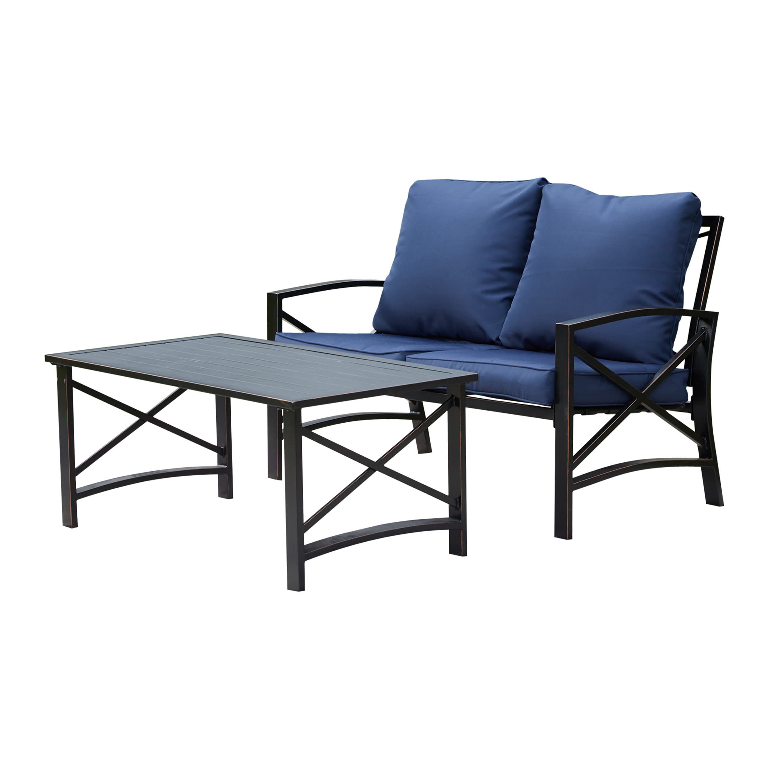 LOKATSE HOME 2-Piece Outdoor Loveseat Set with Cushions & Coffee Table - Durable Metal Patio Conversation Furniture in Blue - Perfect for Garden, Backyard, Poolside or Balcony Relaxation