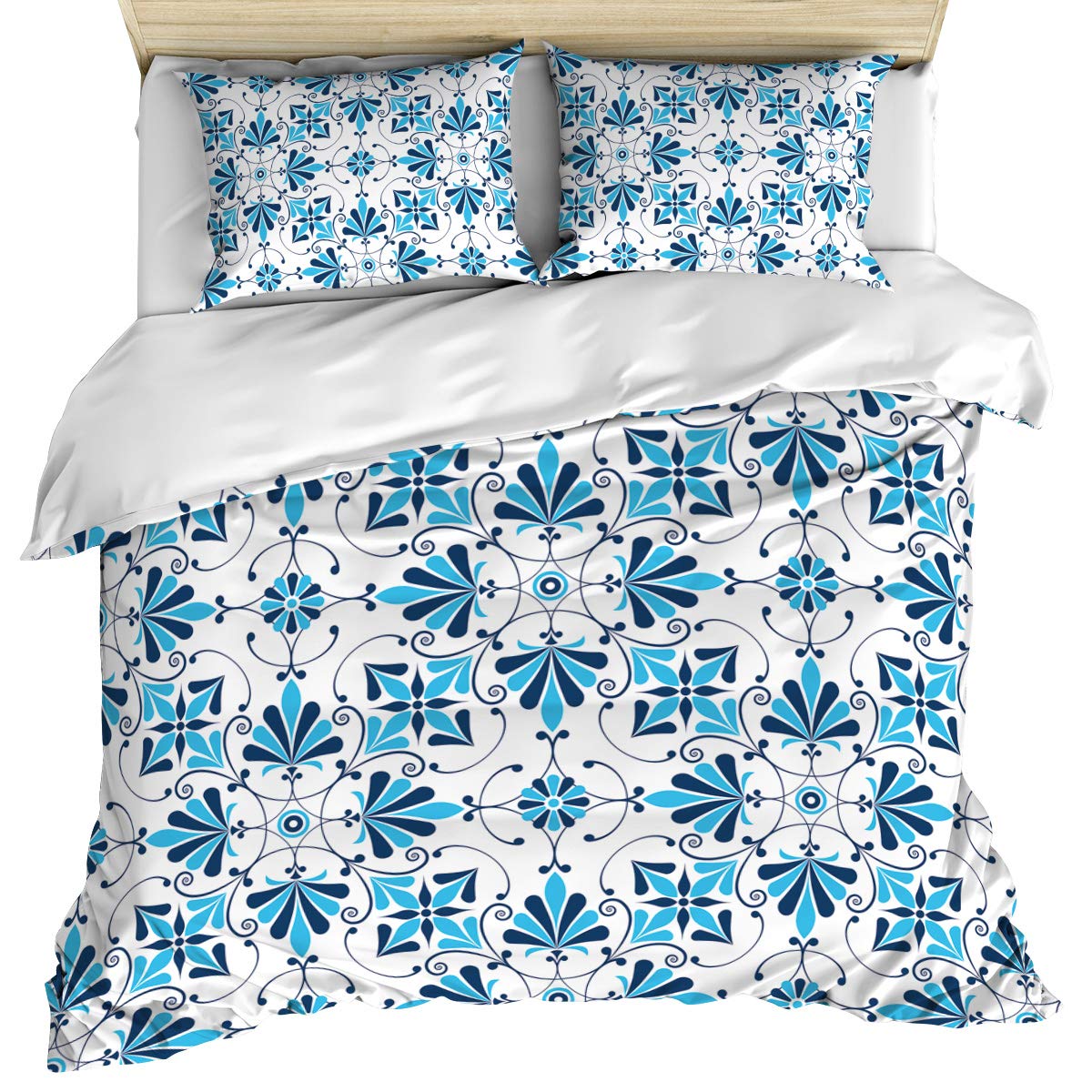 Elegant Floral Pattern Duvet Cover Set 3-Piece King Size - Blue & White Ultra Soft Breathable Bedding with Corner Ties & Zipper Closure (1 Duvet Cover + 2 Pillow Shams) - Washed Cotton - Perfect for Master Bedroom, Guest Room & Cozy Home Decor