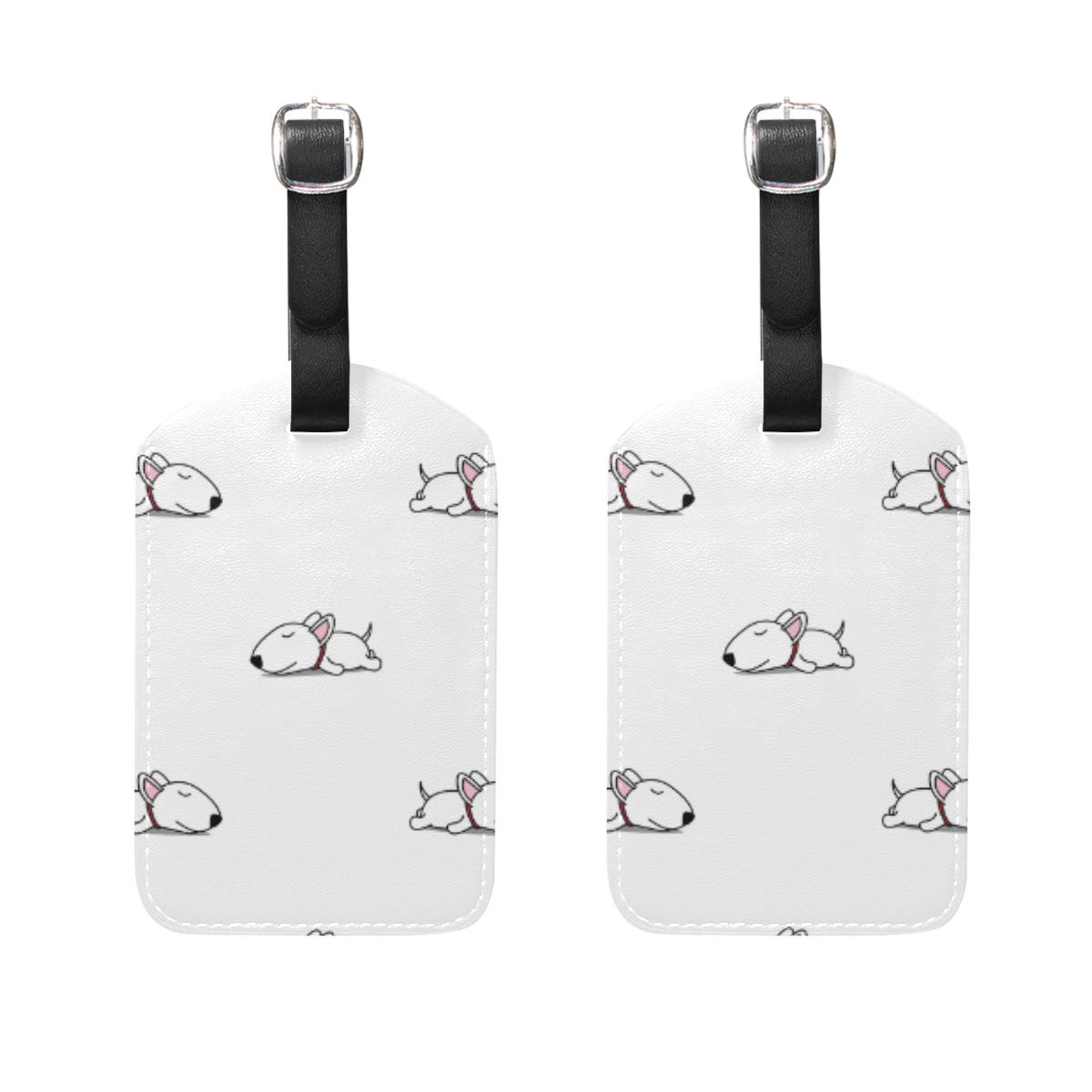 2 Pack Cute Bull Terrier Puppy Luggage Tags - PU Leather ID Labels with Privacy Cover for Travel Bags & Suitcases - Perfect for Airports, Cruises and Vacation Identification