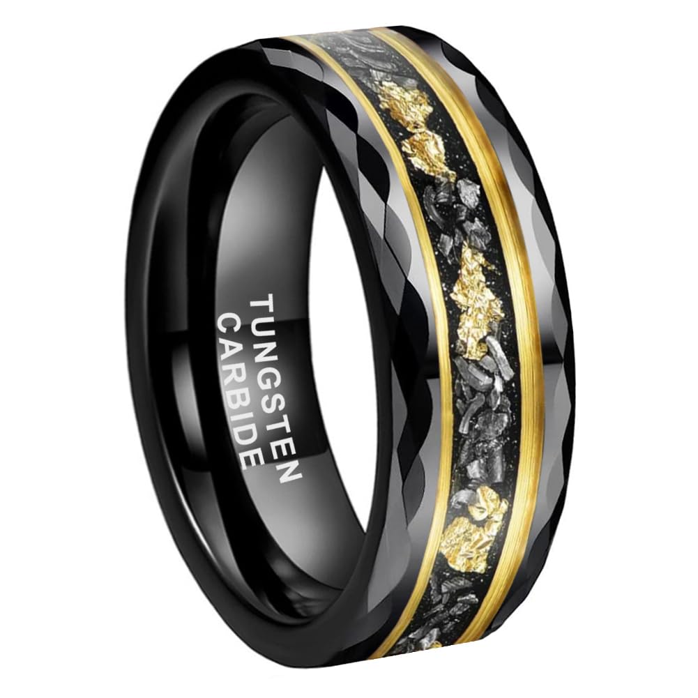 8mm Silver Black Gold Tungsten Rings for Men & Women - Meteorite Chips, Gold Foil & Galaxy Opal Inlay - Comfort Fit Wedding Band, Engagement & Promise Ring - Perfect for Anniversaries, Proposals & Everyday Wear