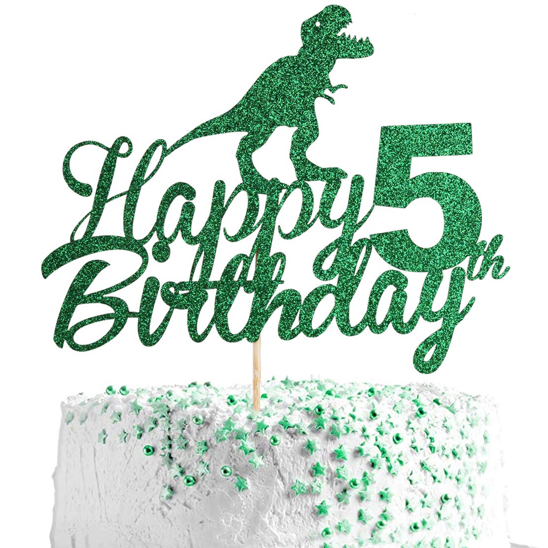 Anxdh Dinosaur Cake Topper for 5th Birthday - Sparkling Happy Birthday Dinosaur Decorations for Boys & Kids - Roaring Dino Theme Party Supplies - Perfect for Birthday Cakes, Cupcakes & Party Decor