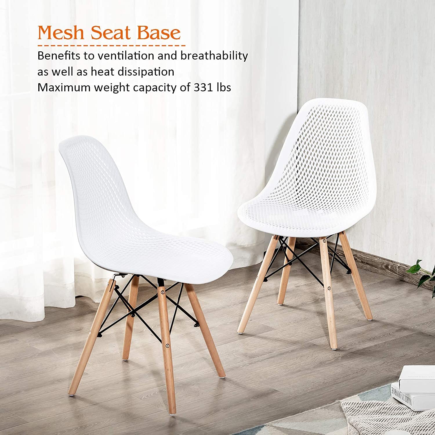 Modern Moccha Set of 4 Dining DSW Chairs with Beech Wood Legs & Mesh Design - Shell PP Lounge Side Chairs for Dining Room, Living Room, Kitchen - Perfect for Home Decor, Small Spaces & Entertaining Guests (White)