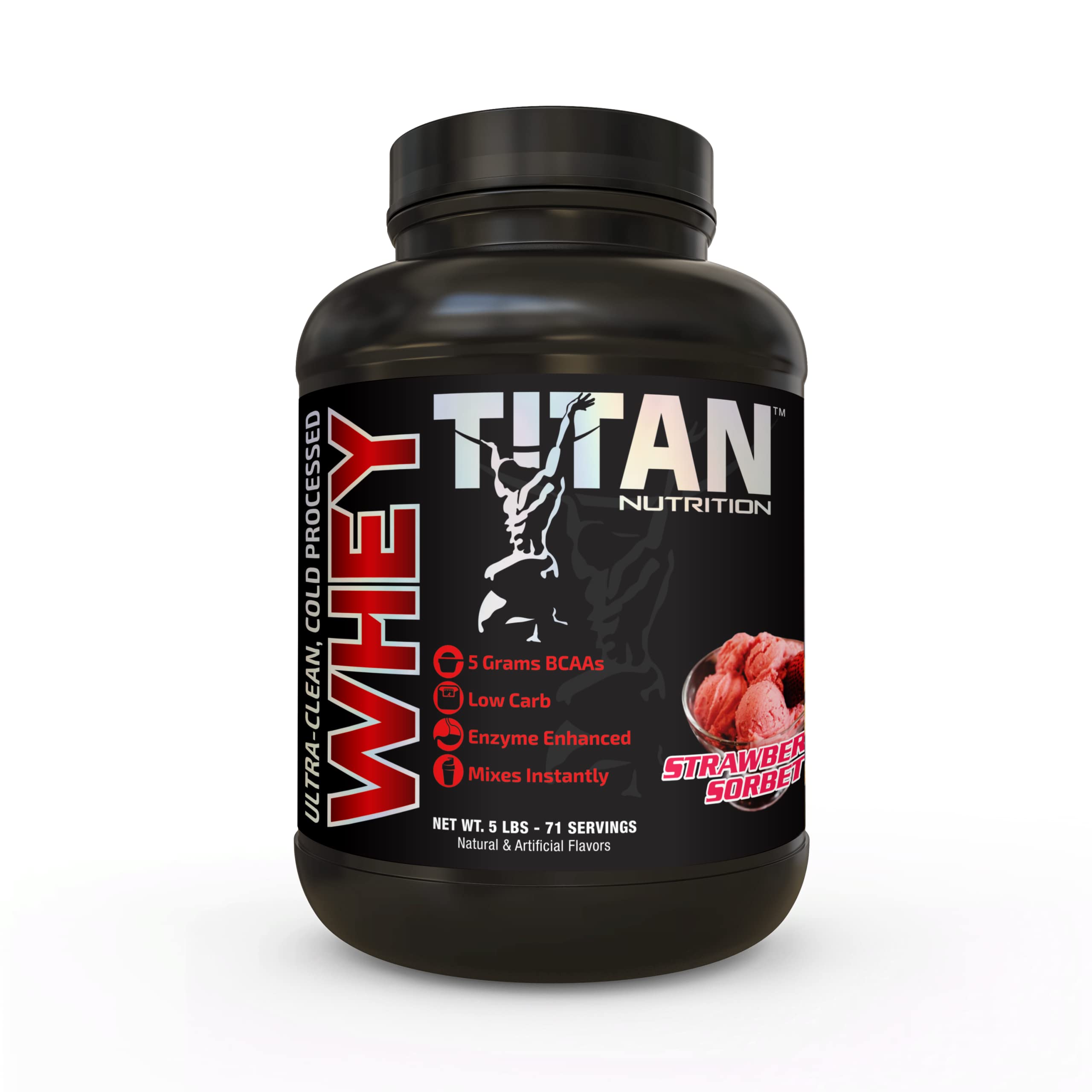 Titan Whey Protein Powder - Premium Fast-Absorbing Whey with 23g Protein, BCAAs & Digestive Enzymes per Serving - Supports Lean Muscle Growth & Digestion - 5lb Strawberry Sorbet - Ideal for Post-Workout Recovery & Weight Management