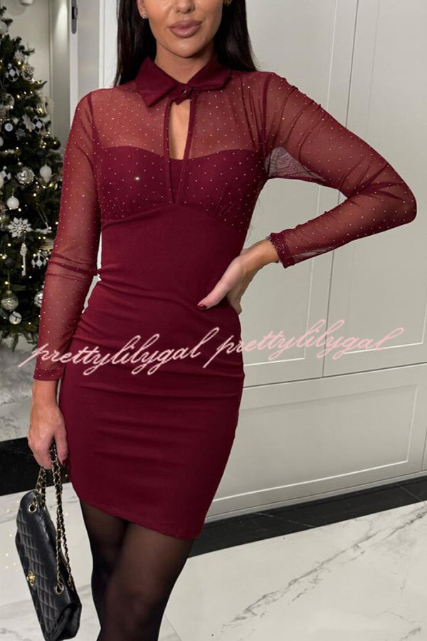 Sexy Glitter Mesh Cutout Long Sleeve Mini Dress - Stretchy Bodycon Party Dress for Women, Clubwear & Night Out Outfits