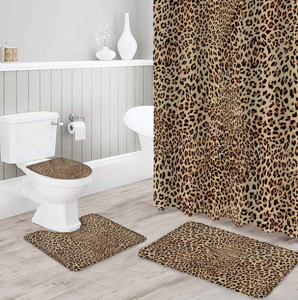 4-Piece Shower Curtain Set with Non-Slip Bath Rugs - Brown Leopard Tropical Animal Print Bathroom Accessories for Home Decor | Includes Toilet Lid Cover & U-Shaped Contour Pad | Perfect for Modern, Jungle-Themed or Wildlife-Inspired Bathrooms