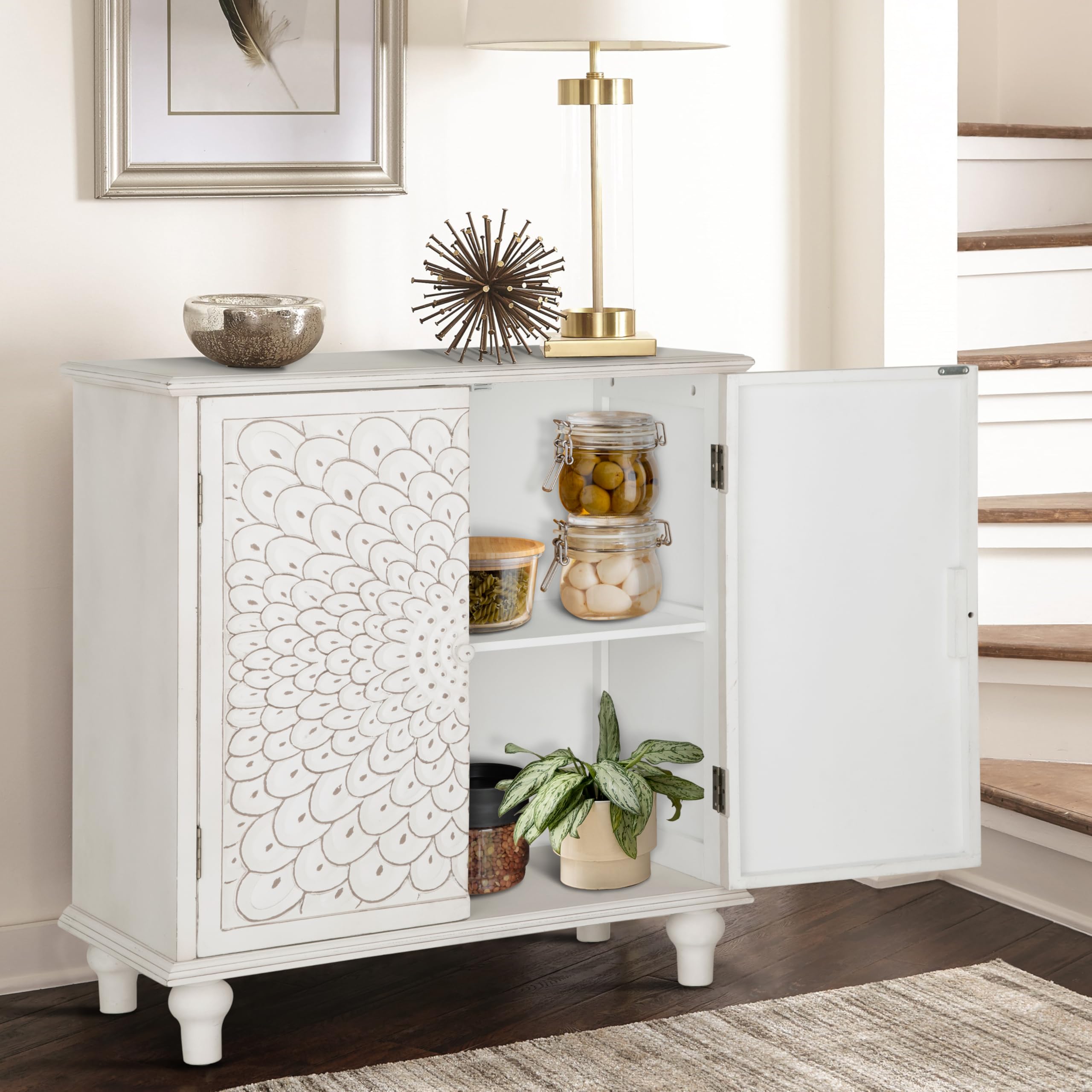 MAISON ARTS White Farmhouse Accent Cabinet - 2 Door Distressed Storage Cabinet with Solid Wood Legs | Entryway Console, Living Room Sideboard, Kitchen Buffet Storage | Feather Pattern Design for Home Decor
