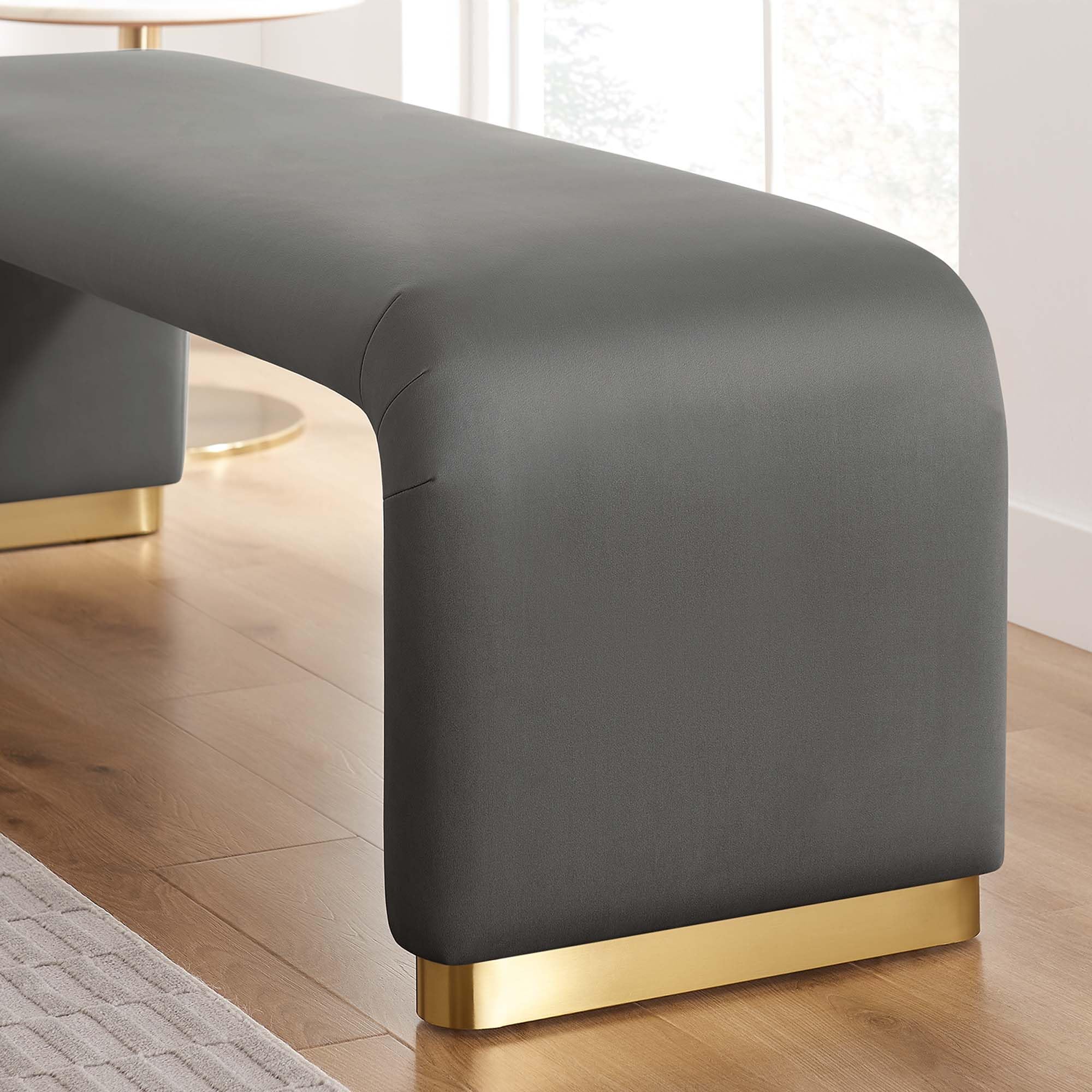 Modway EEI-6734-BRA-STG Koda Performance Velvet Waterfall Long Bench in Brass Storm Gray - Luxurious Velvet Upholstered Entryway & Bedroom Bench for Modern Home Decor