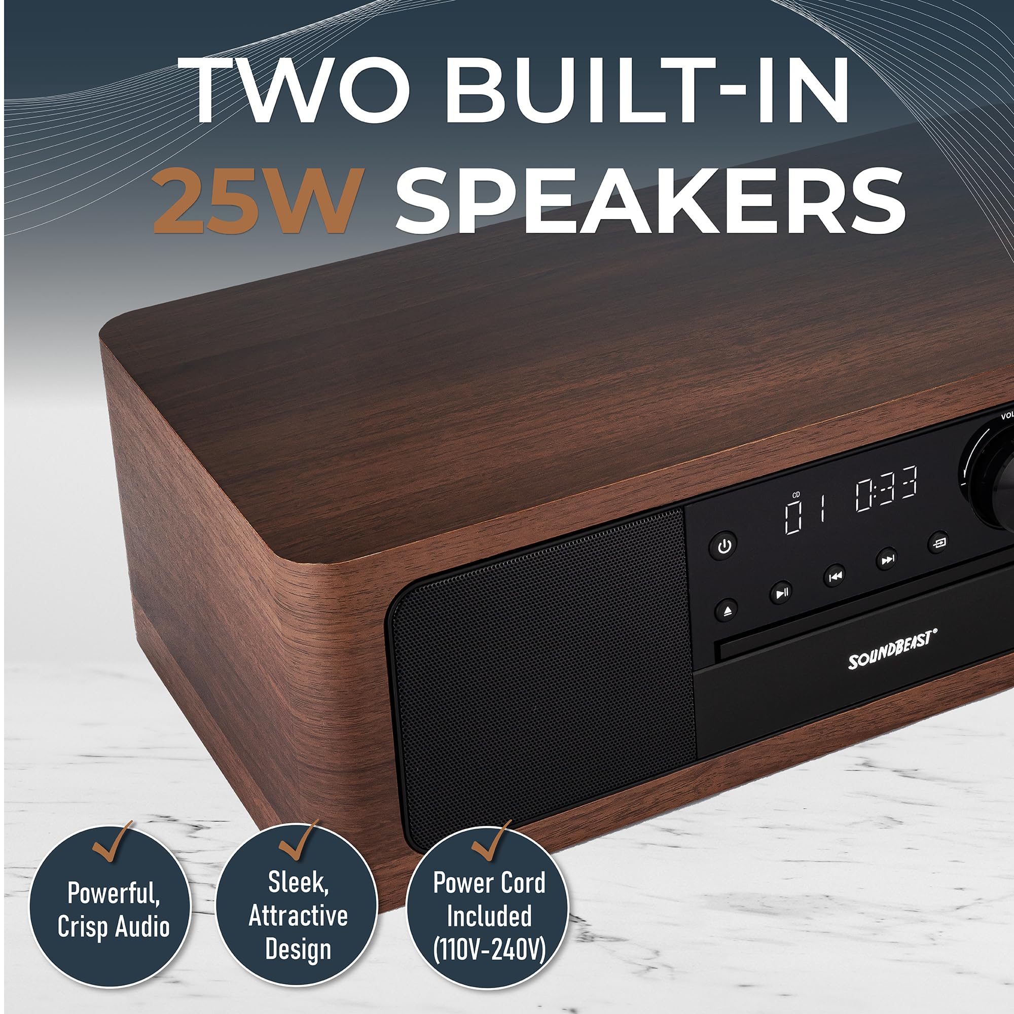 SoundBeast Stereo Shelf System with CD Player, Bluetooth, FM Radio, USB/Aux/Optical Inputs, Alarm Clock & Remote - Perfect for Home Entertainment, Office Music & Bedroom Audio