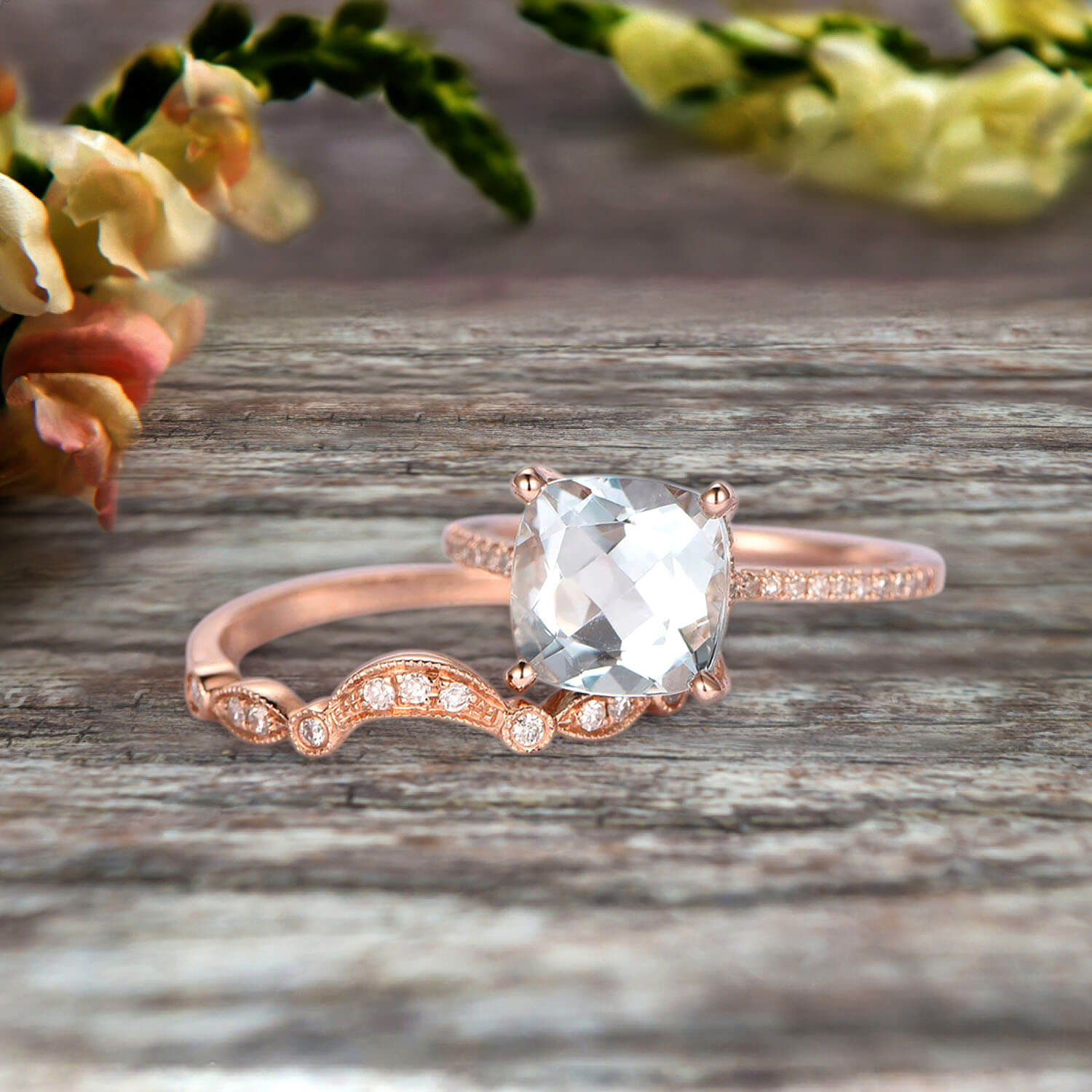 1.75 Carat 2Pcs Aquamarine Wedding Ring Set - Cushion Cut Aquamarine Engagement Ring with 10k Rose Gold Curved Art Deco Matching Band - Personalized Bridal Jewelry for Weddings, Anniversaries & Special Occasions