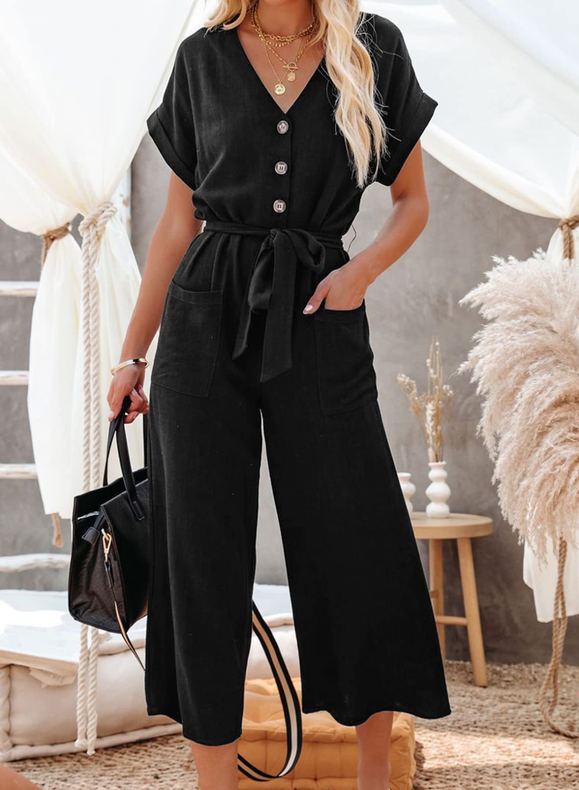 Acelitt Women's Casual V-Neck Short Sleeve Button Belted Wide Leg Jumpsuit - Summer Outfits, Beach Wear, Office Casual (Sizes S-XXL)