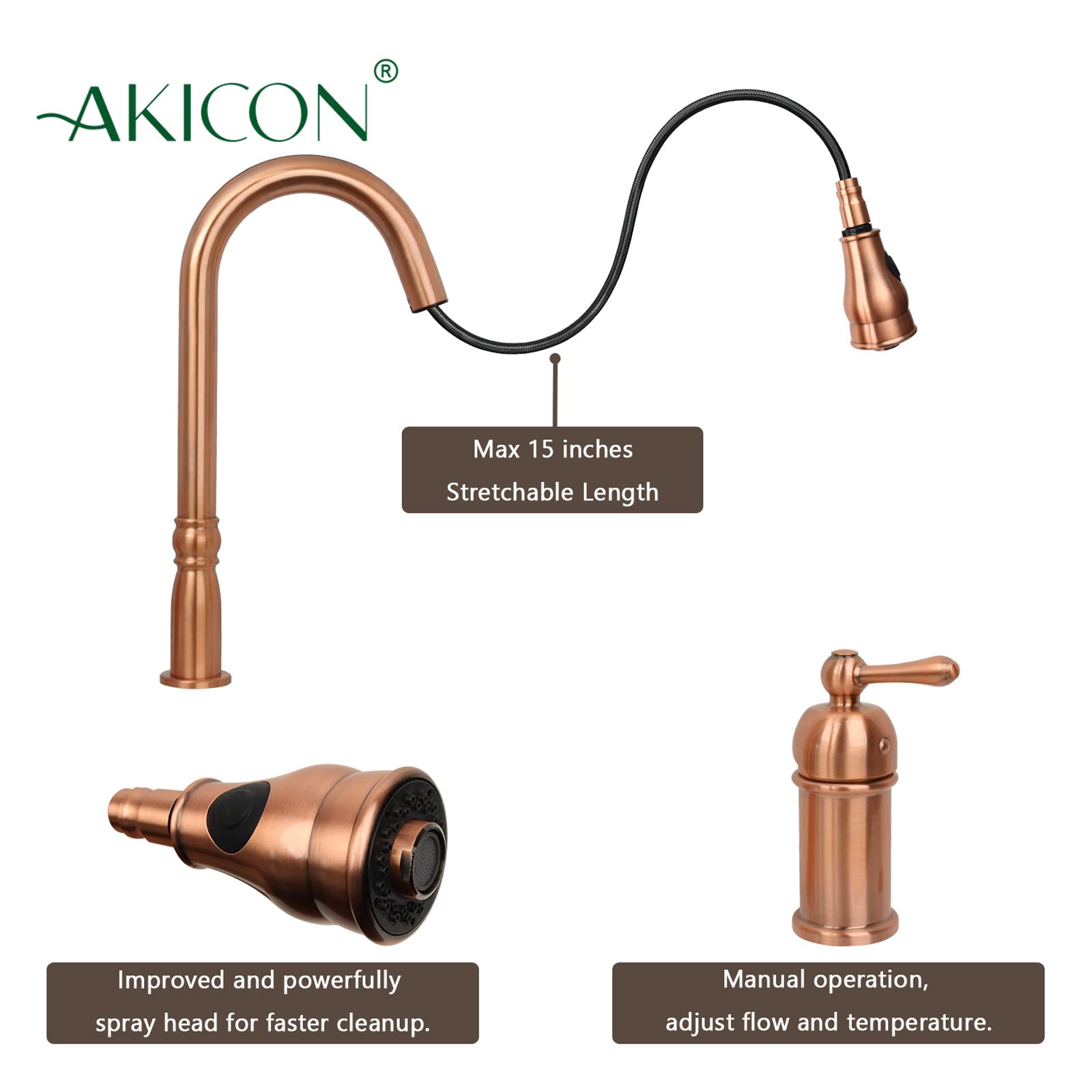 Akicon Copper Pull Down Kitchen Faucet - High Arc Sprayer for Modern Kitchens