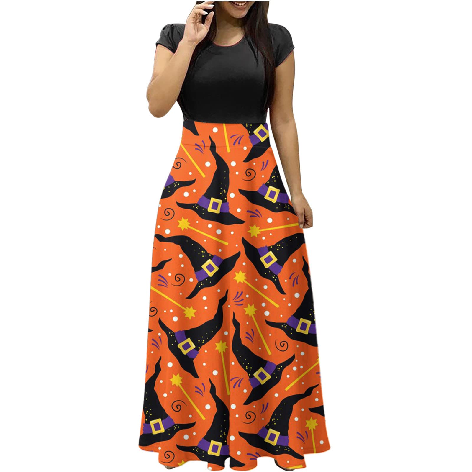 Sexy Witch Print Short Sleeve Cocktail Dress for Women - Elegant Fall Party & Casual Long Dress in Orange | Perfect for Halloween, Costume Parties & Night Out
