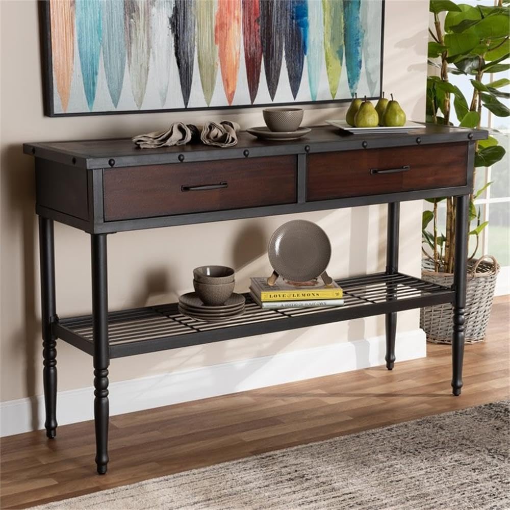 BOWERY HILL 2-Drawer Wood and Metal Sideboard Server in Walnut Brown - Stylish Buffet Cabinet for Dining Room, Living Room, or Entryway Storage