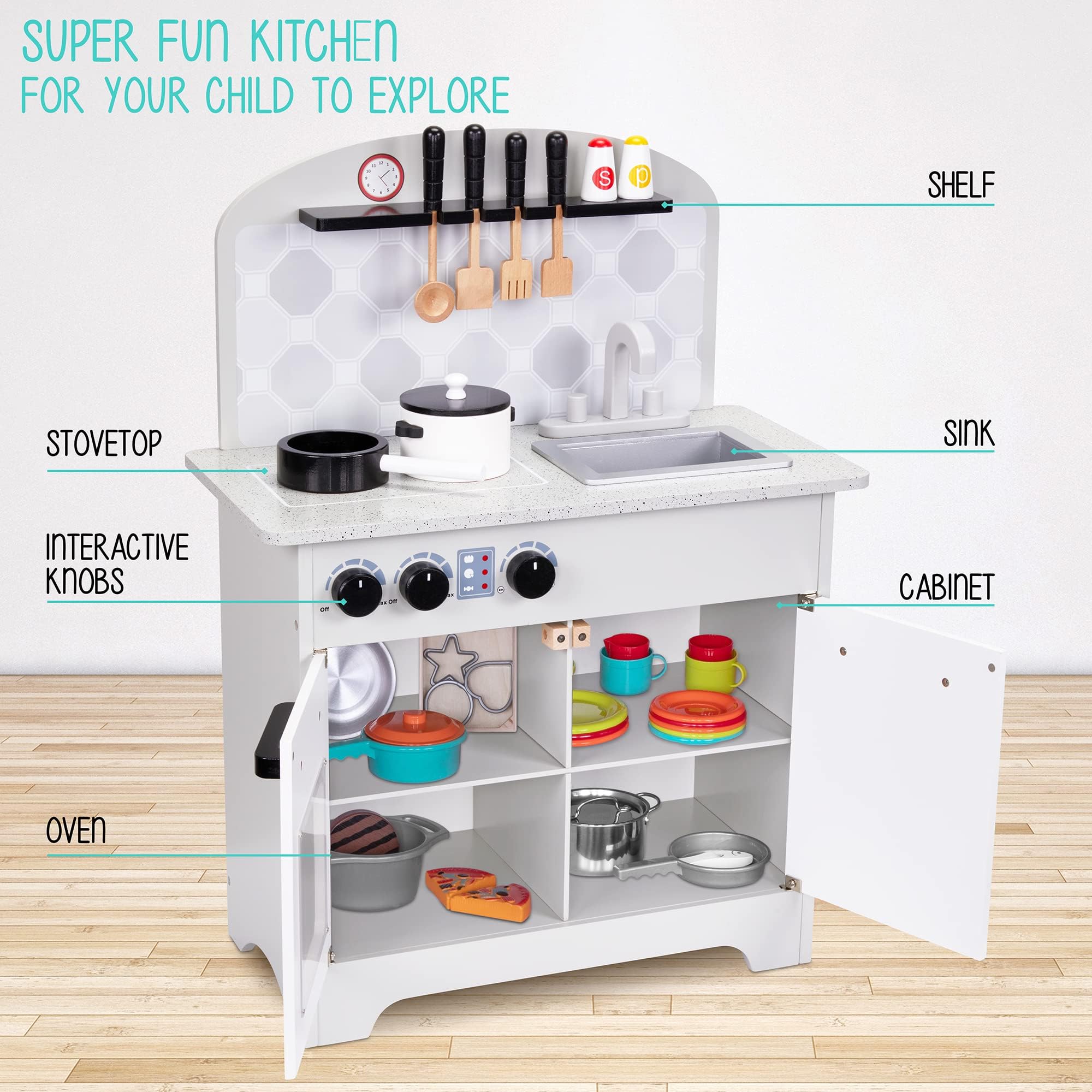Lil' Jumbl Kids Pretend Kitchen Playset - Wooden Play Kitchen Toy with Realistic Setup, Includes Pot & Pan, 4 Utensils, Salt & Pepper Shaker (Gray) - Perfect for Imaginative Play, Role-Playing & Early Learning at Home or Preschool