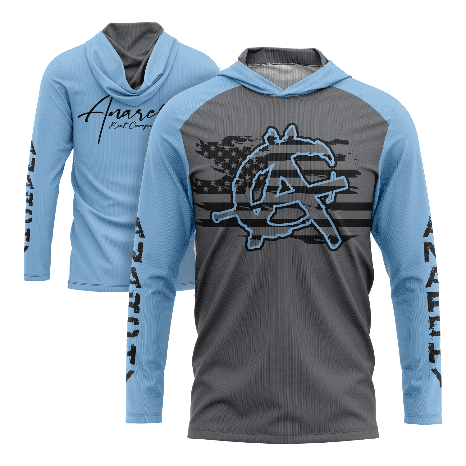 Anarchy Hooded Long Sleeve Tee - Carolina/Charcoal | Streetwear Fashion, Punk Style, Unisex Pullover Hoodie for Men & Women | Perfect for Concerts, Skateboarding & Urban Outfits