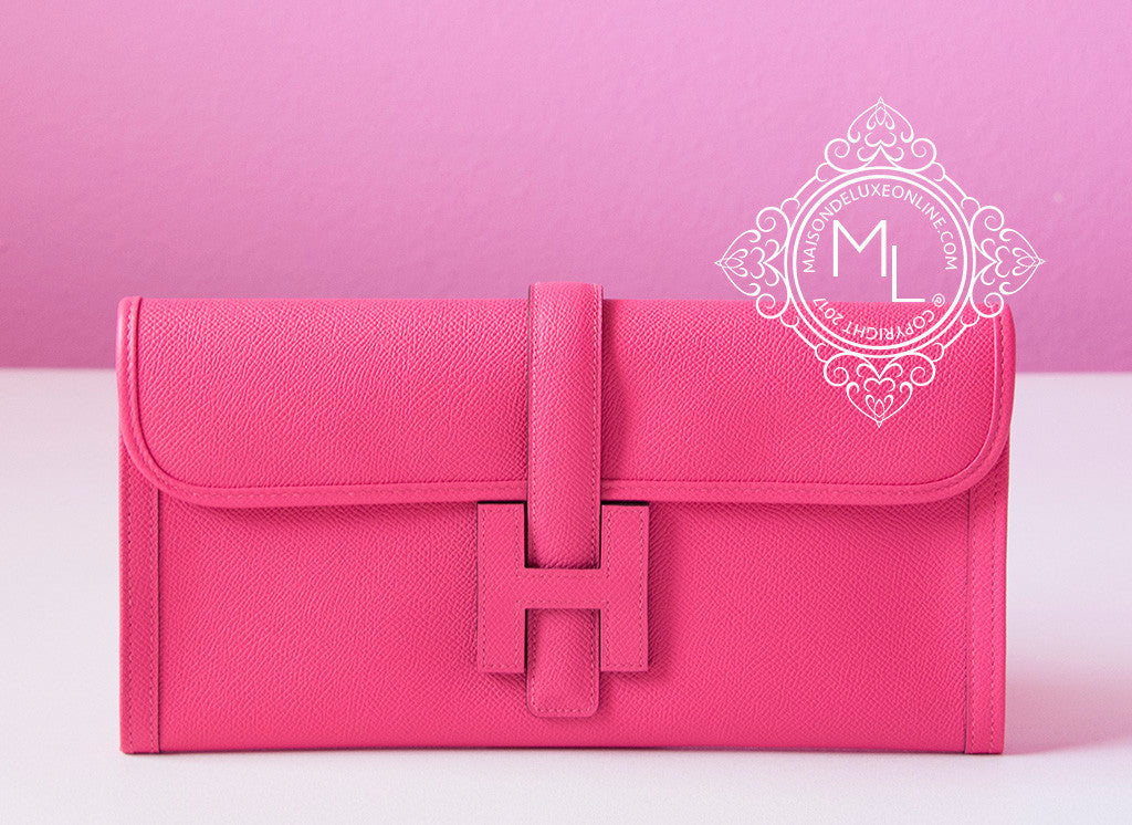 Hermes Rose Azalee Jigé Elan 29 Clutch Bag - Elegant Pink Leather Evening Clutch for Women, Perfect for Parties, Weddings & Special Occasions