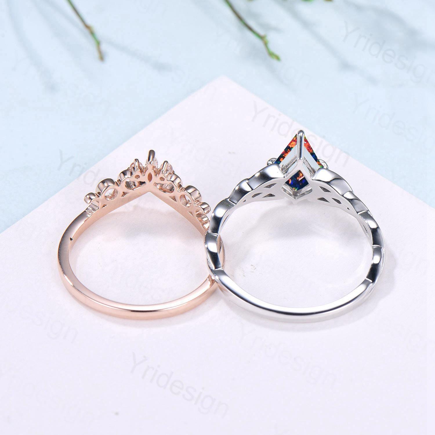 Viking Kite Cut Black Opal Engagement Ring Set - Unique Celtic Love Knot Wedding Band with Fire Opal & Ruby Accents - Vintage Twist Bridal Jewelry for Wedding, Anniversary & Romantic Gifts