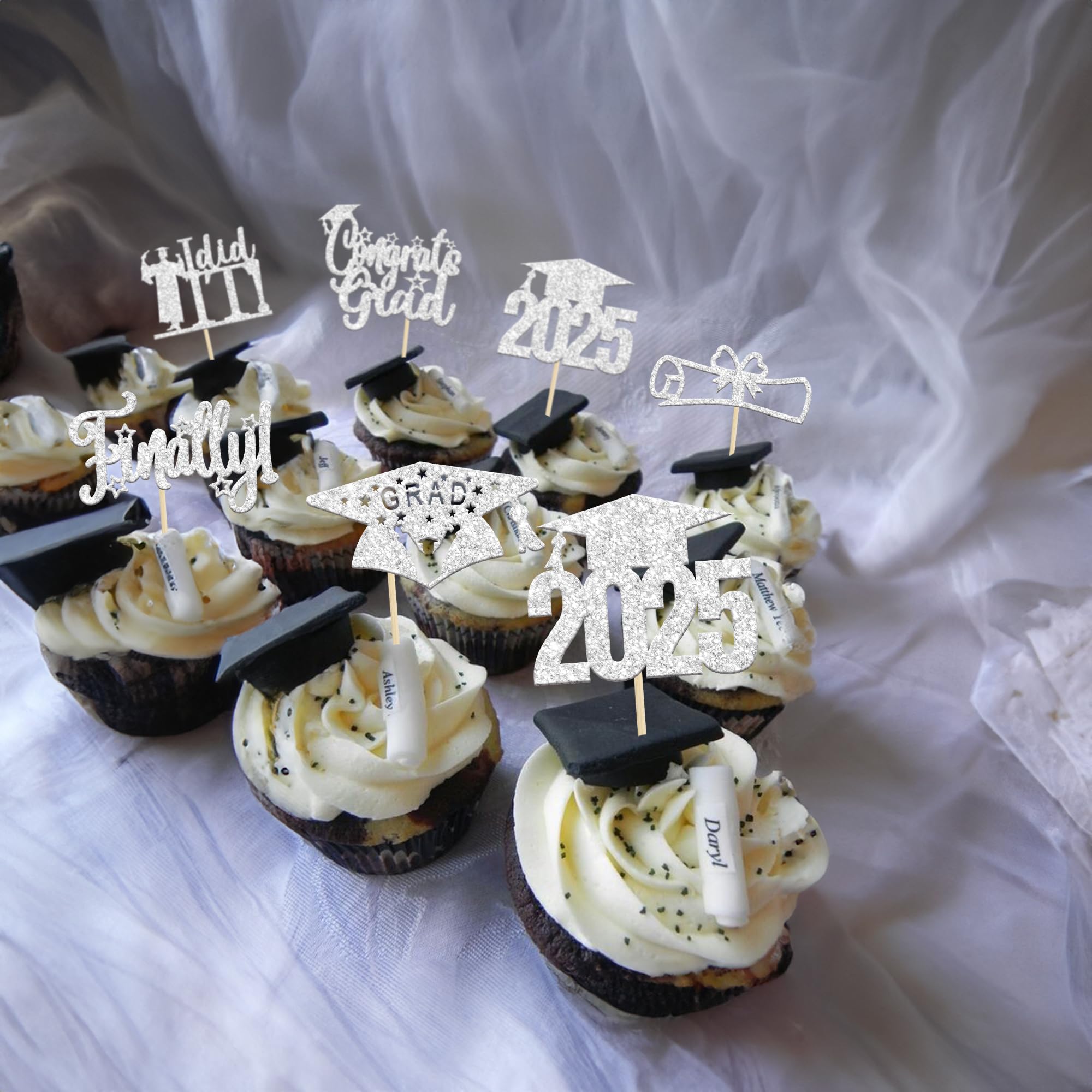 24 PCS 2025 Graduation Cupcake Toppers - Glitter Graduation Cap & Diploma Cake Decorations - Congrats Grad Finally I Did It - Silver Theme Party Supplies for Graduation Celebrations, School Parties & Dessert Decorating
