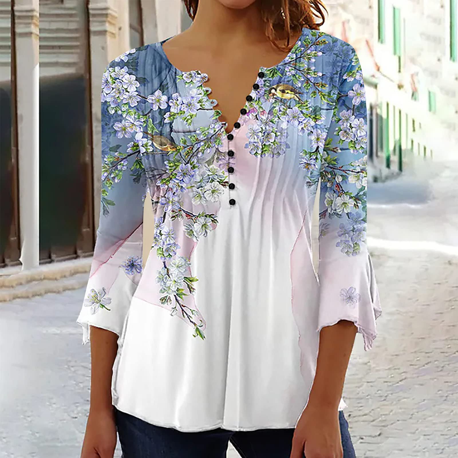 Trendy Women's Summer Tops - 3/4 Sleeve V-Neck Button Up Blouses with Floral Pleated Design for Casual Wear, Office & Outdoor Activities