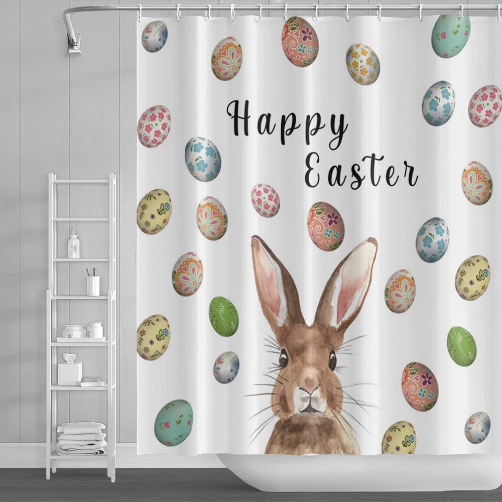 Funny Easter Bunny Rabbit with Colorful Falling Eggs Watercolor Shower Curtain - 60x72 Inch Waterproof Fabric Bathroom Decor for Spring Holiday & Kids' Bathtime Fun