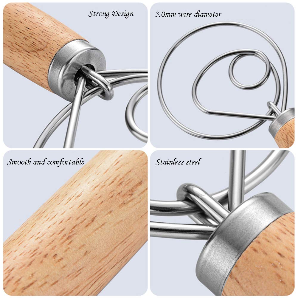 Stainless Steel Danish Dough Whisk - Professional Bread Mixer for Pastry, Pizza & Baking | Dutch Style Hand Dough Blender | Ideal for Homemade Bread, Cookies & Cake Mixing