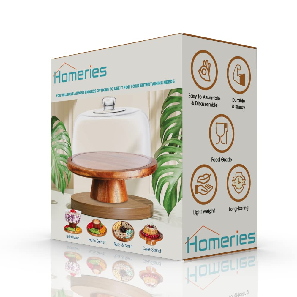 Homeries 6-in-1 Acacia Wood Cake Stand with Lid - Multi-Functional Serving Platter & Display Stand for Cakes, Desserts, Pastries - Perfect for Weddings, Parties, Bakery Display & Home Kitchen Decor