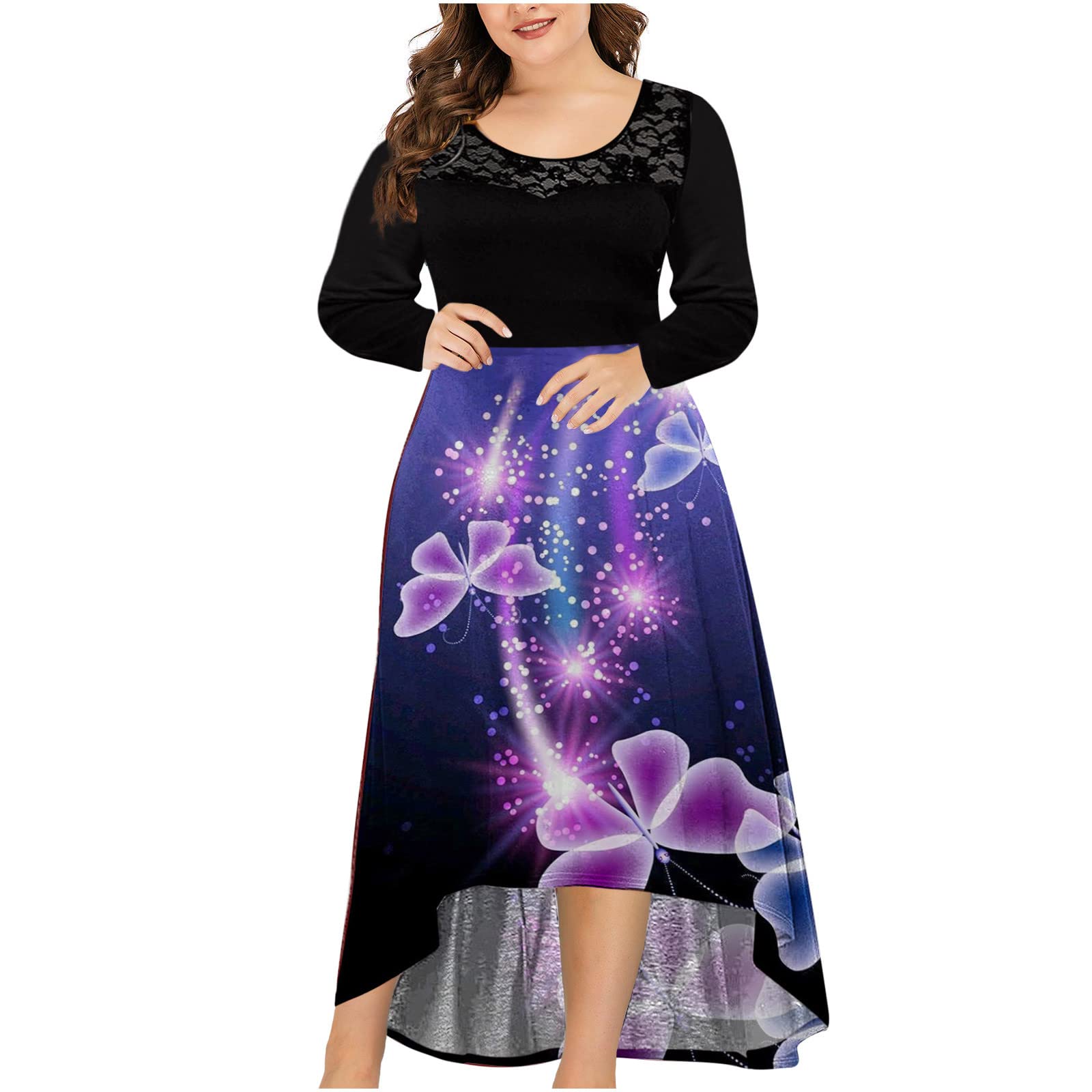 **Elegant Plus Size Floral Lace Maxi Dress for Women – Long Sleeve O-Neck Butterfly Print Casual Dress – Perfect for Parties, Weddings & Everyday Wear**