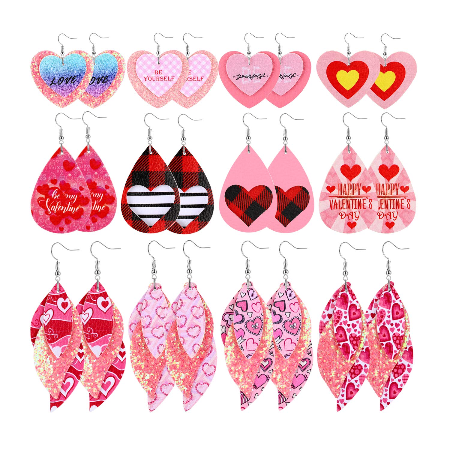 Valentine's Day Heart Dangle Earrings for Women - Bulk Glitter Faux Leather Lightweight Layered Leaf Teardrop Earrings Set - Perfect Valentine's Day, New Year & Holiday Gifts for Women & Girls - Ideal for Date Nights, Parties & Special Occasions