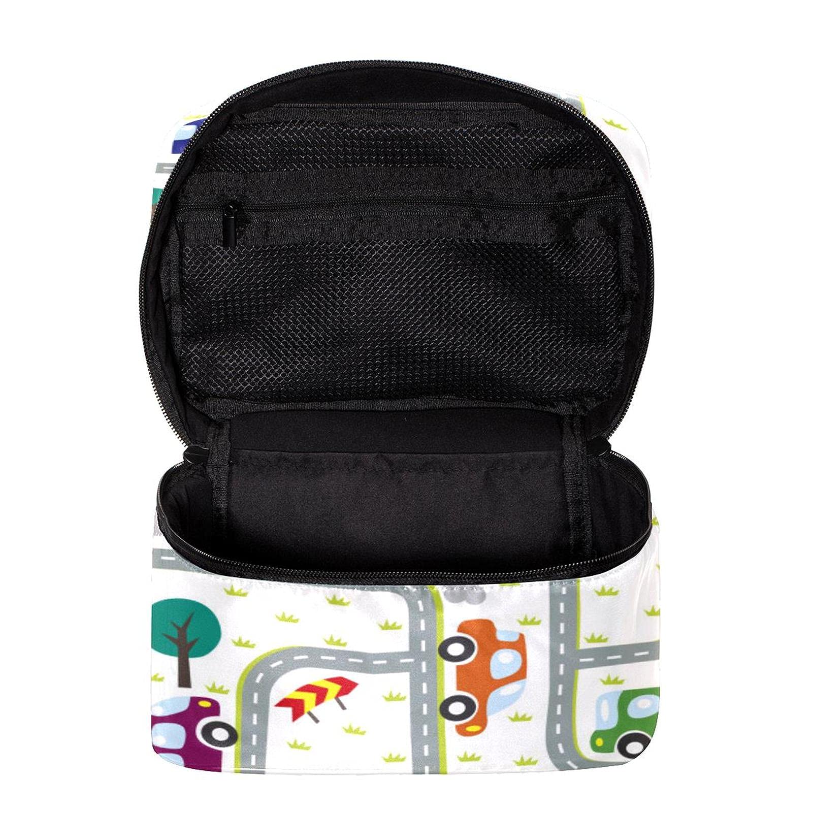 Cartoon Car Trucks and Roads Pattern Large Travel Makeup Bag - Waterproof Cosmetic Organizer Case with Zipper for Women & Girls - Perfect for Travel, Gym, School and Daily Use