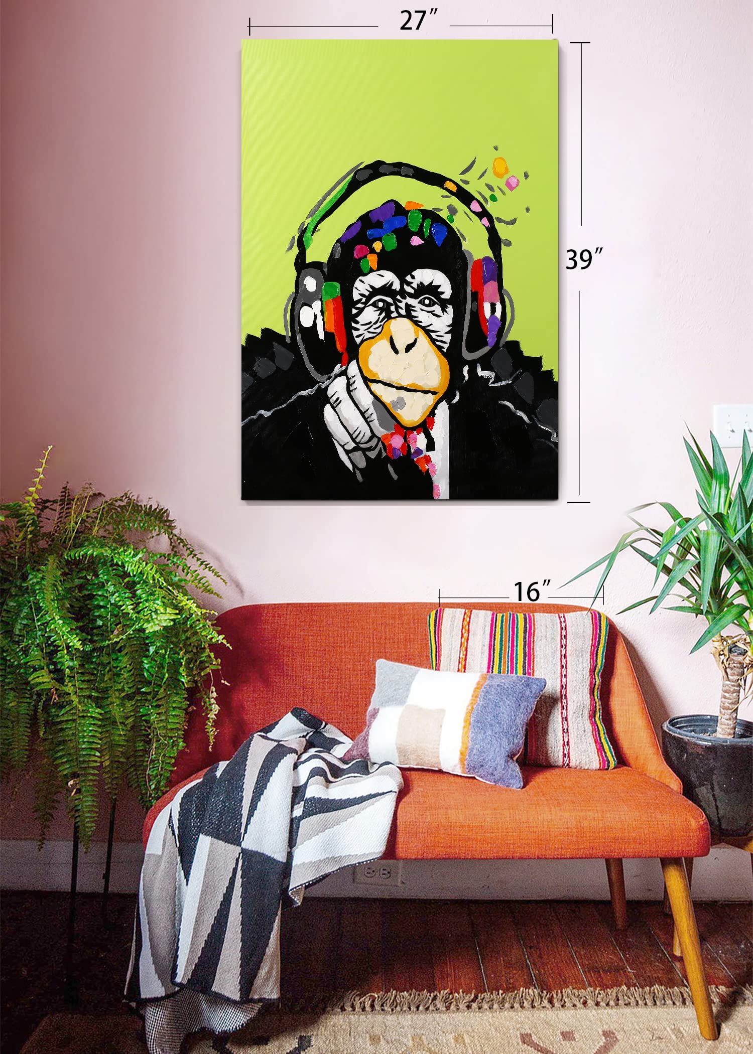 Modern Monkey Pop Art Canvas Print - Framed Animal Wall Decor with Headphones, 14x18 Inch Gallery Wrapped Inner Frame - Perfect for Living Room, Bedroom & Office Decor