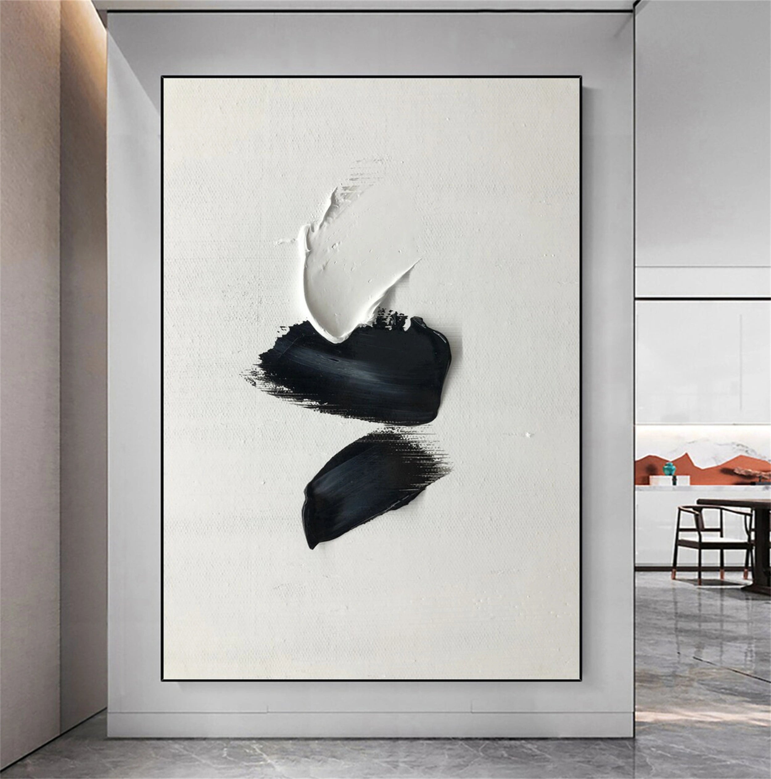 Custom Size White & Black Minimalist Textured Painting Canvas - Abstract Wall Art for Living Room, Bedroom & Office Decor #MM136