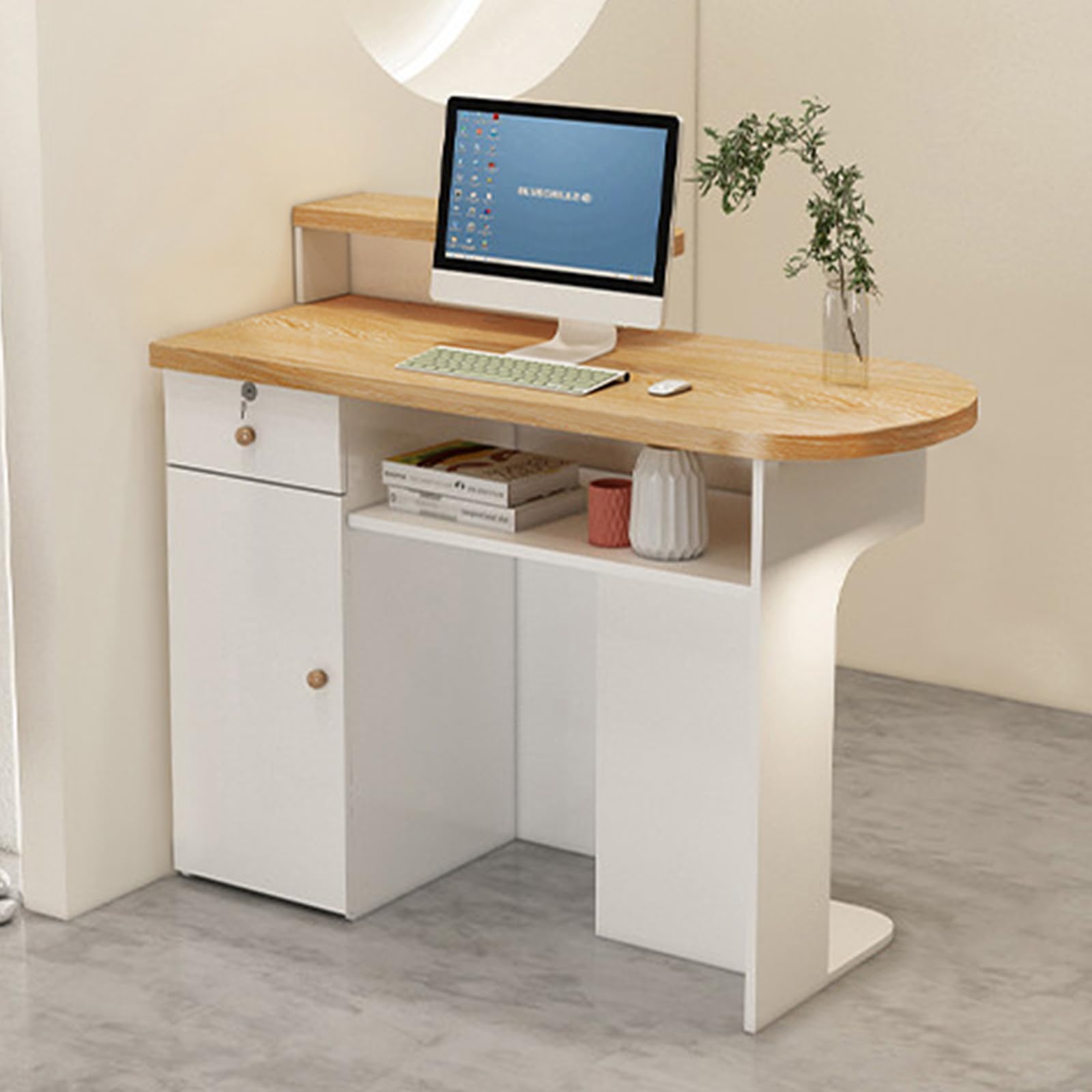 Modern Reception Desk with Lockable Drawer & Open Shelves - Large Retail Counter for Salon, Office Lobby & Checkout Station - Durable Front Desk with Storage Cabinet for Professional Spaces