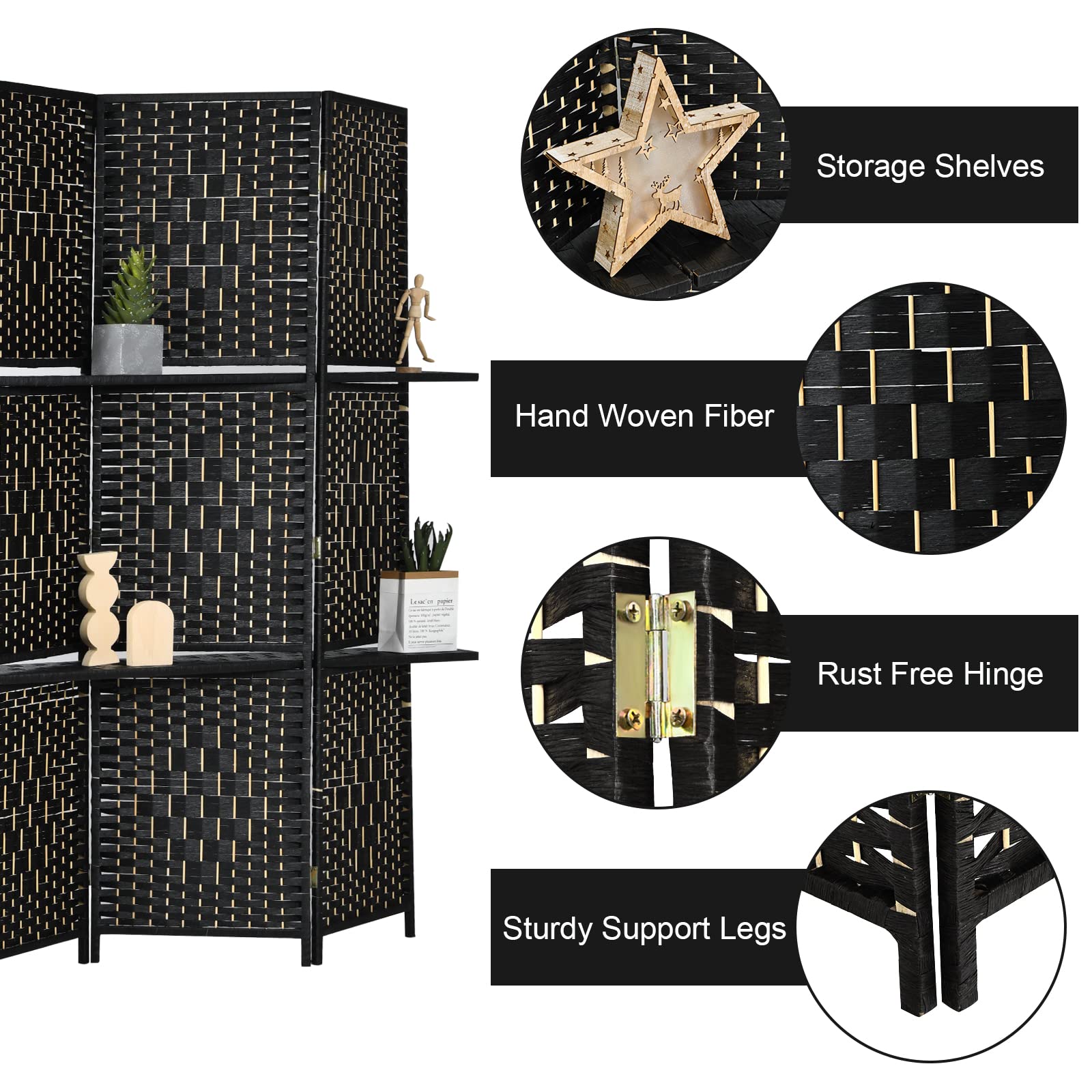 Giantex 6Ft 6 Panel Room Divider with Shelves - Hand-Woven Rattan Folding Privacy Screen for Home, Office & Studio - Freestanding Wooden Partition Wall for Room Separation - Perfect for Creating Private Spaces in Living Rooms, Bedrooms or Workspaces