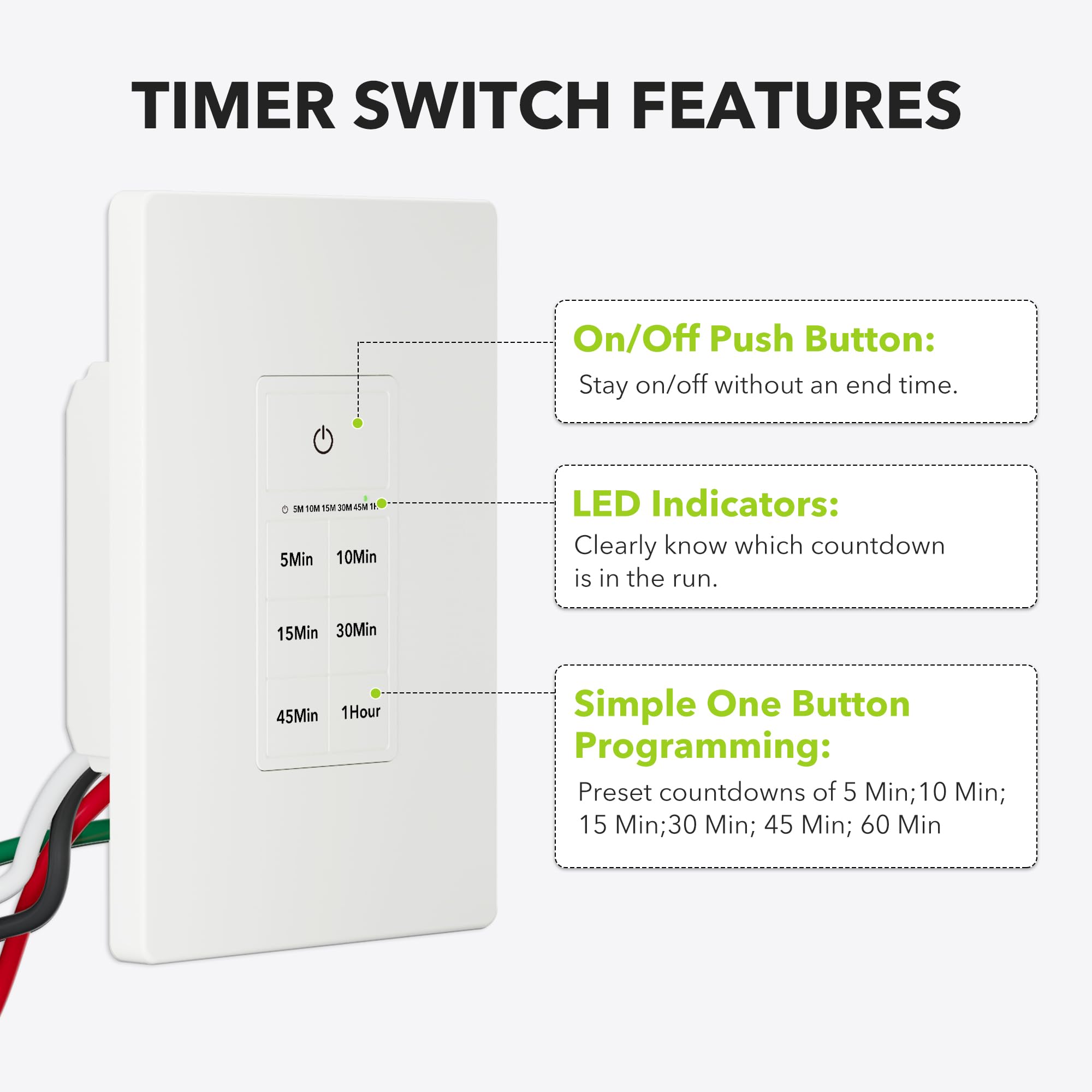 BN-LINK Digital Countdown Timer Switch for Exhaust Fan & Bathroom Light - 5/10/15/30/45/60 Minute Settings, Neutral Wire Required, Includes Free Wall Plate (White, 2-Pack) - Perfect for Bathrooms, Kitchens & Home Ventilation Systems