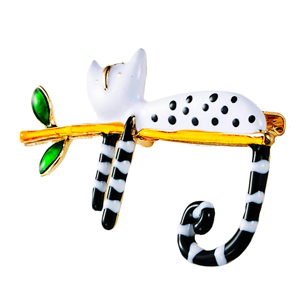 Elegant Black and White Cat Brooch Pin for Women | Cute Enamel Kitten Lapel Pin | Fashionable Animal Jewelry Accessory | Perfect for Dresses, Coats, and Gifts (Birthday, Christmas, Anniversary) | Leaf Design Women's Fashion Pin