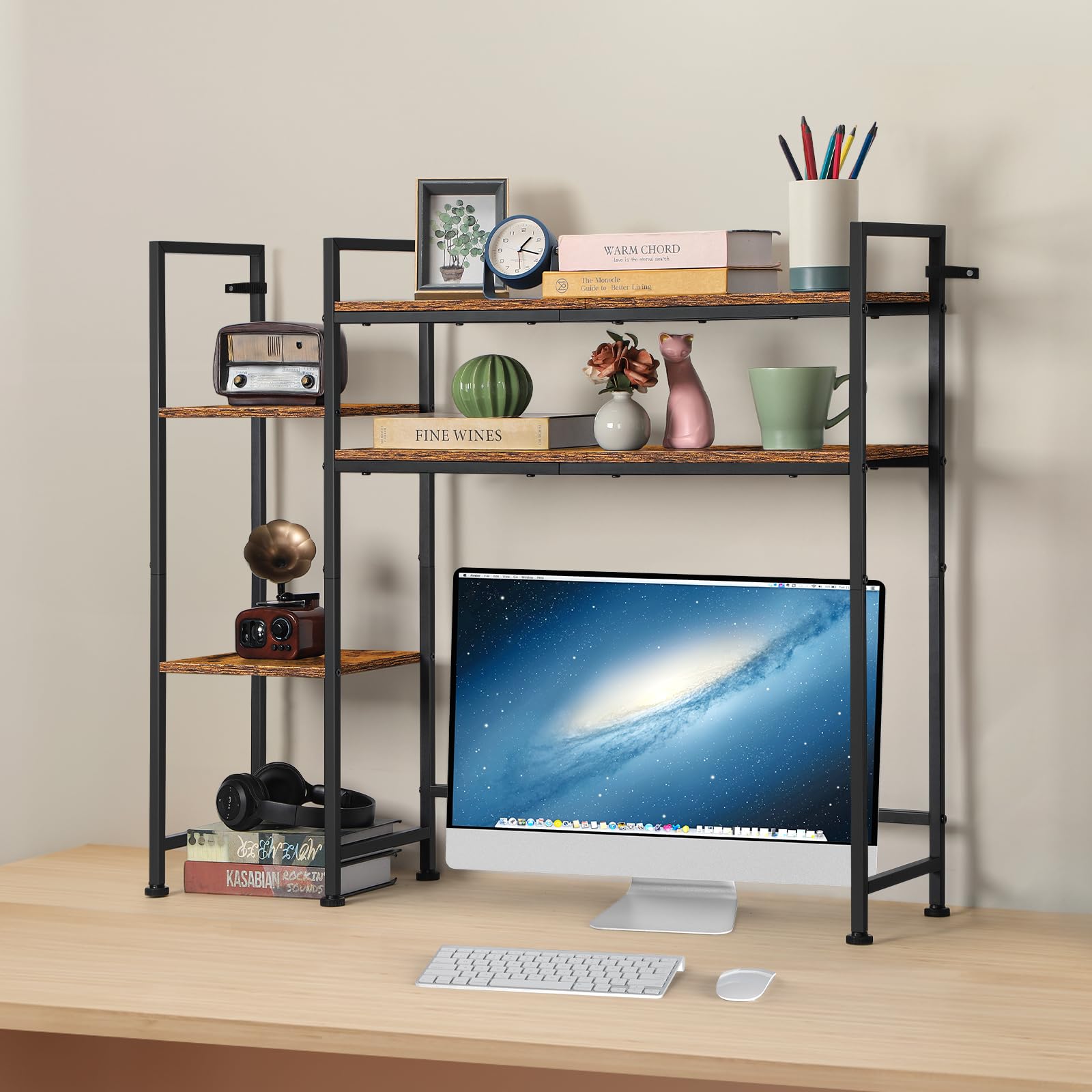 YBING 4-Tier Wooden Desktop Bookshelf & Desk Organizer - Rustic Brown Home Office Storage Shelf for Computer Desk, Hutch Dorm Display Rack | Perfect for Organizing Books, Office Supplies & Decor in Small Spaces