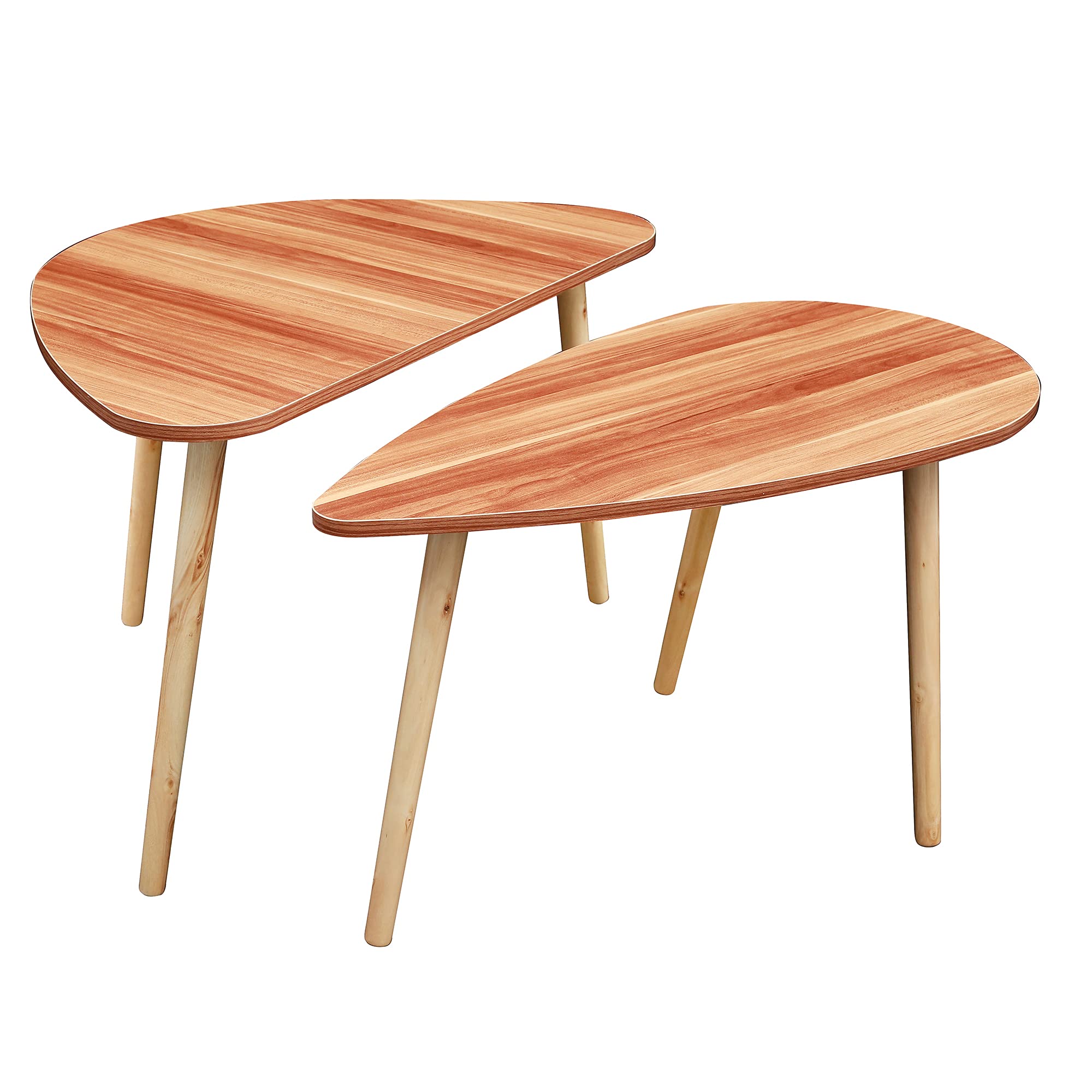 Modern Nesting Coffee Table Set of 2 - Drop Shape, Triangle & Oval Side Tables - Contemporary Walnut Finish Cocktail Tables for Living Room, Lounge & Office Decor