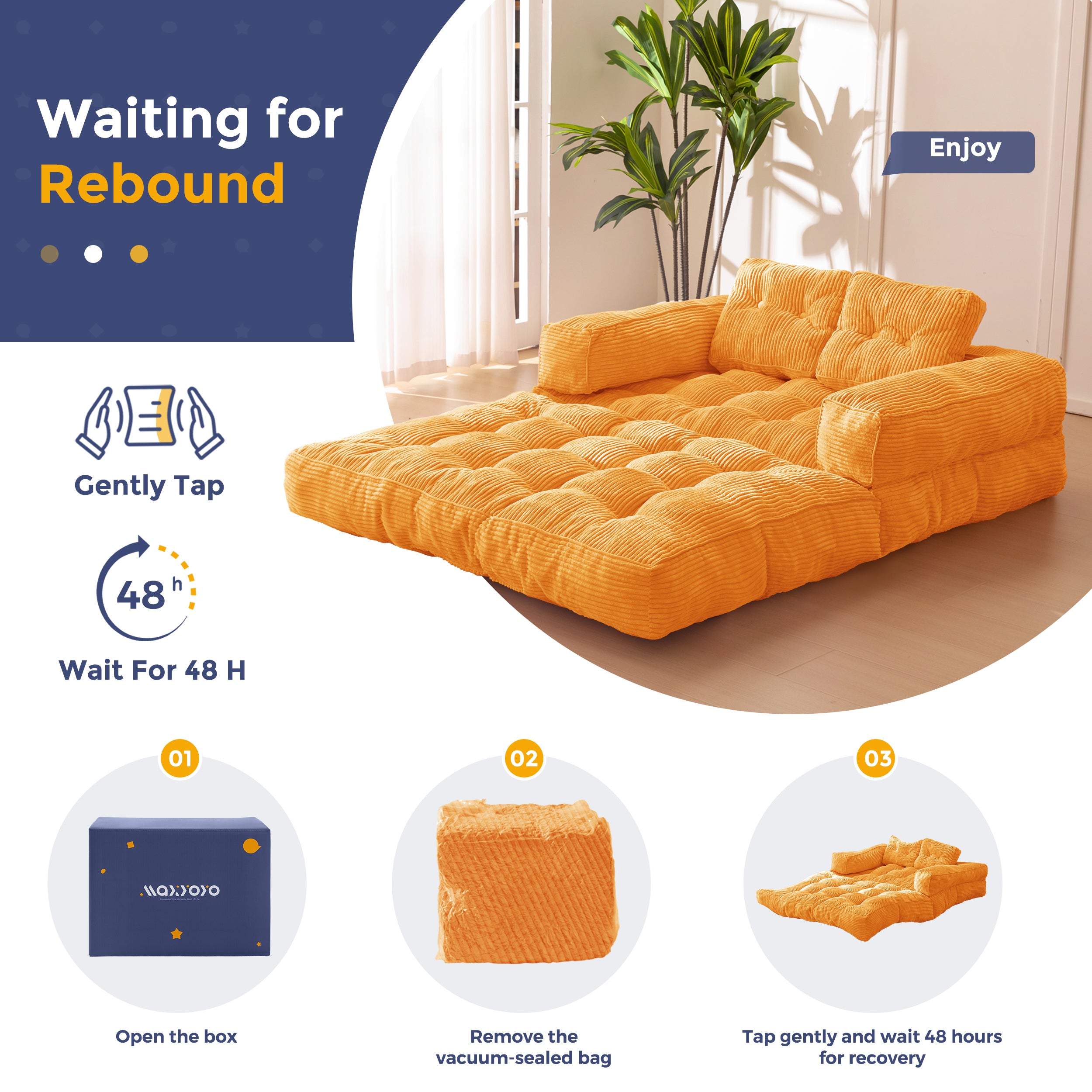 MAXYOYO L-Shaped Folding Sofa Bed - Convertible Sleeper Couch with Armrest & Pillow, Portable Foldable Floor Lounge Chair for Living Room & Bedroom (Double Size, Orange) - Perfect for Small Spaces, Guest Rooms & Studio Apartments