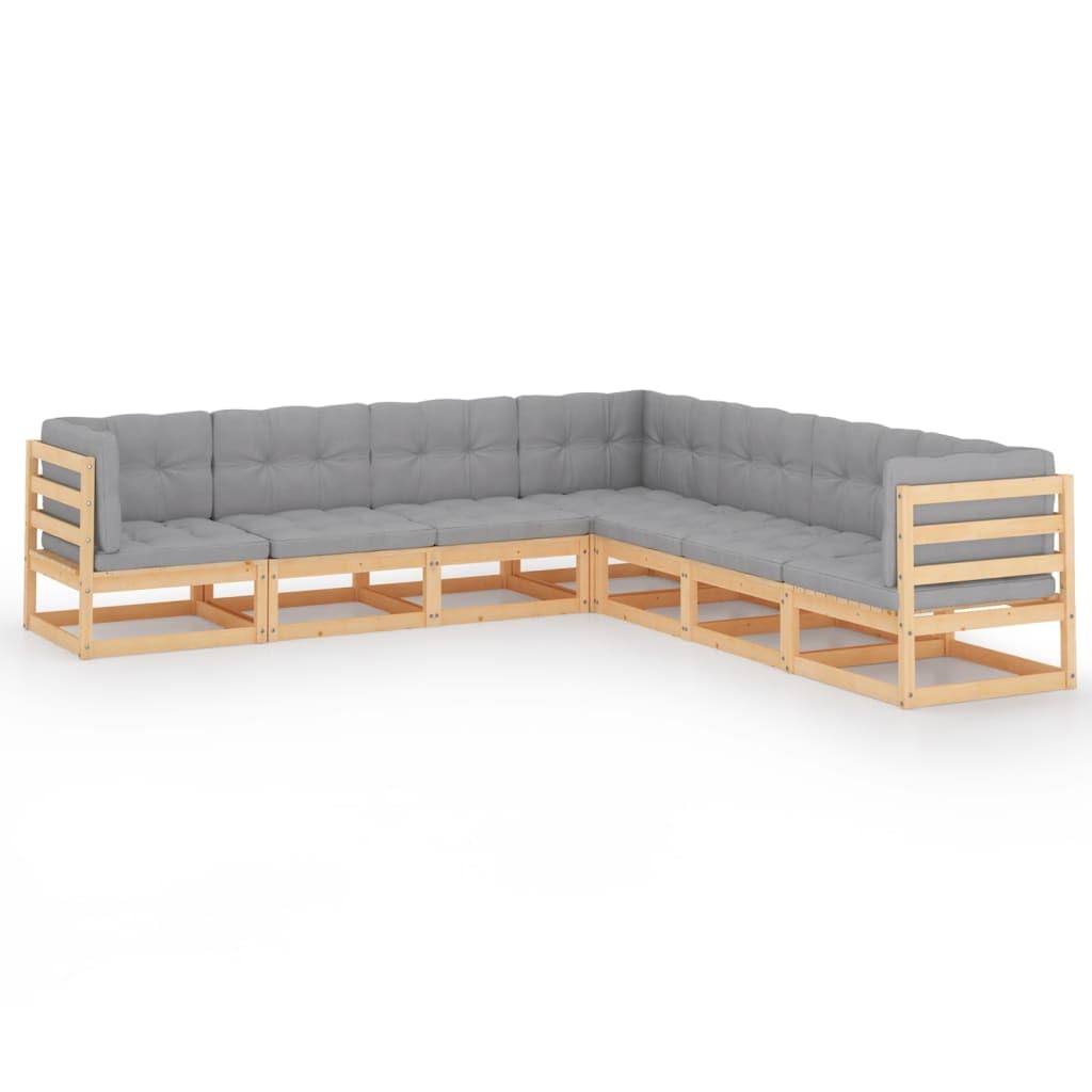 vidaXL 7-Piece Patio Lounge Set with Gray Cushions - Solid Pinewood Outdoor Furniture for Garden, Deck & Backyard - DIY Assembly - Perfect for Relaxing, Entertaining & Social Gatherings