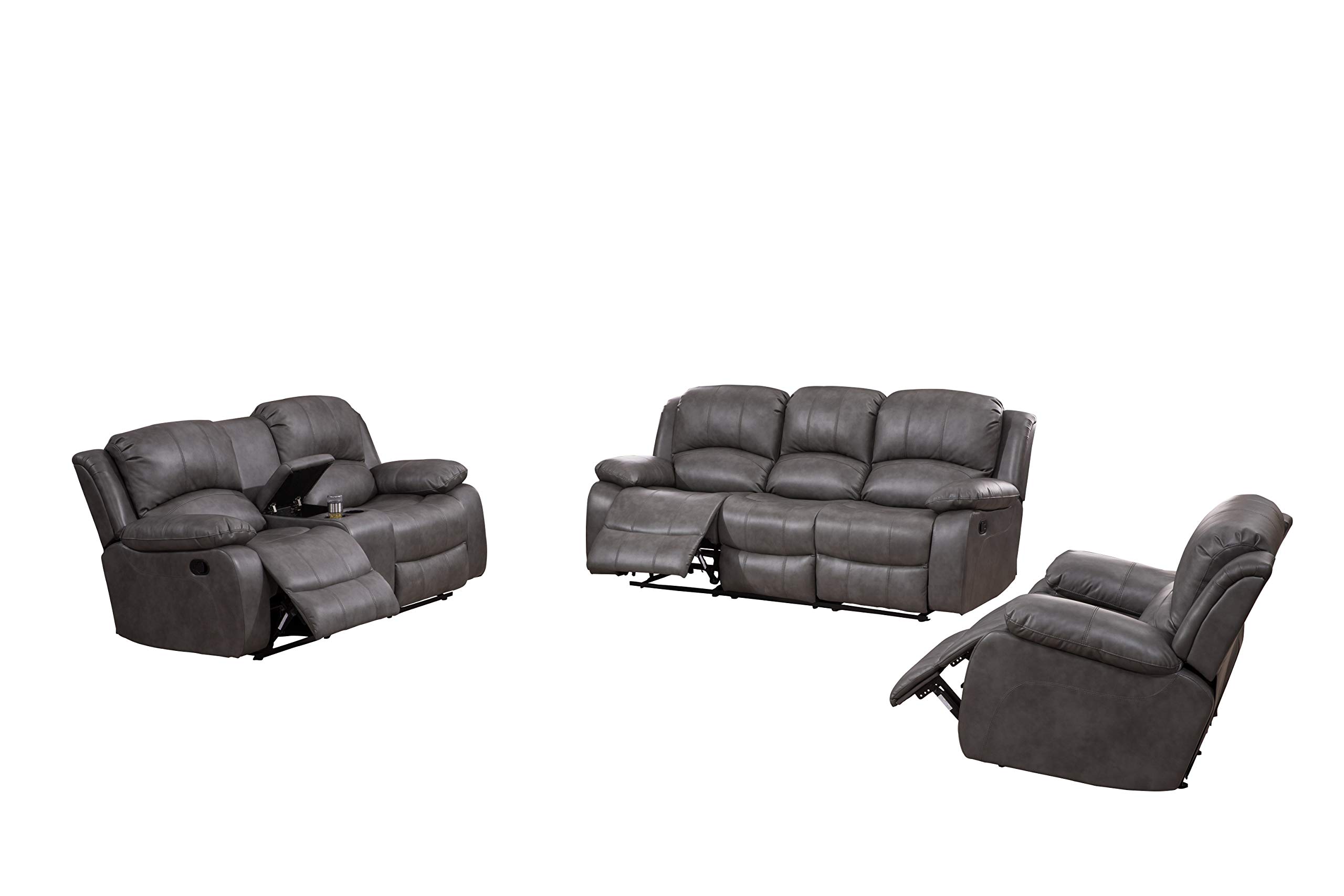 Betsy Furniture 3-Piece Bonded Leather Reclining Sofa Set with Loveseat and Glider Chair - 8018 Series in Gray | Modern Living Room Furniture for Home Theater & Family Relaxation