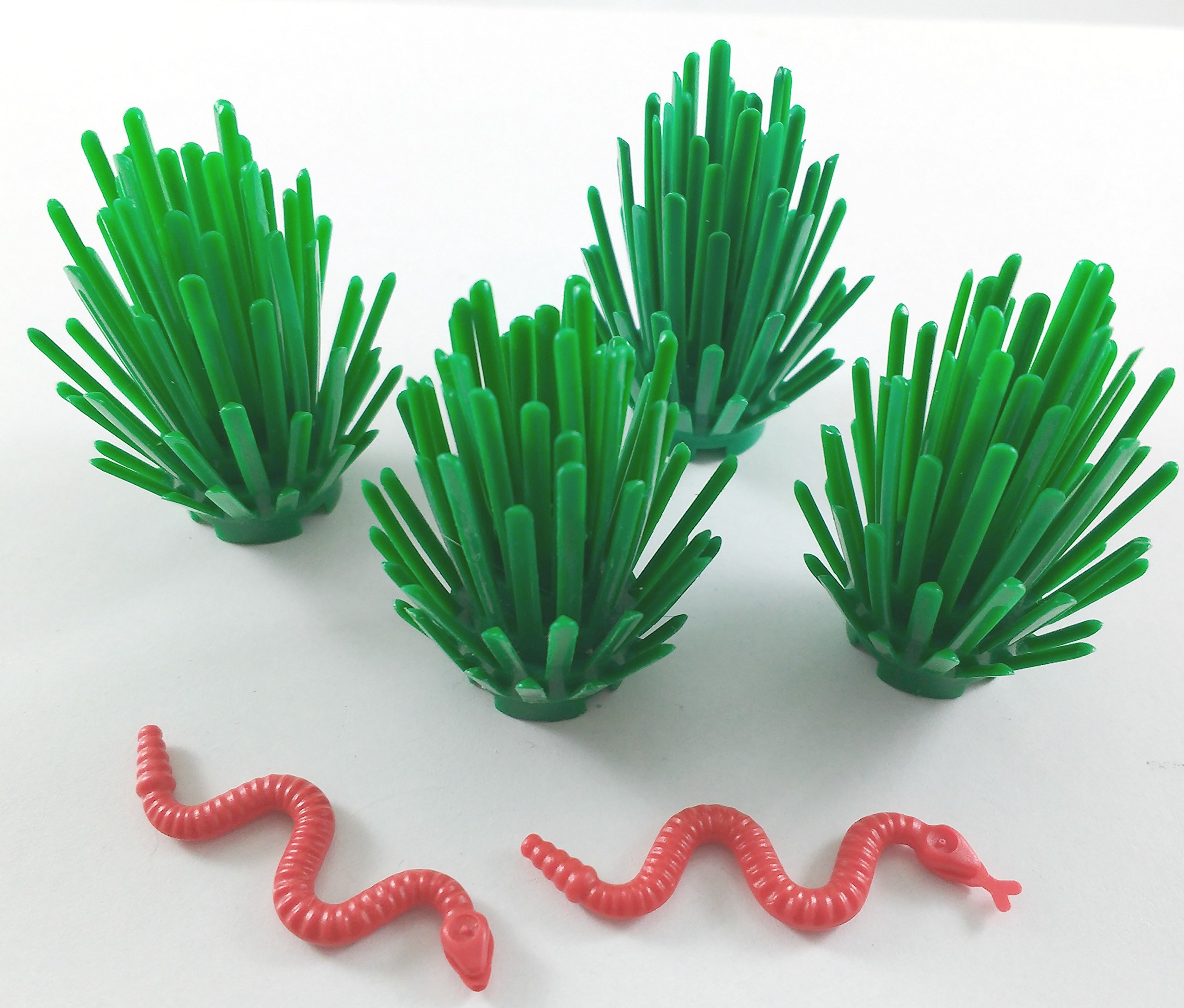 LEGO Lot - 4 Green Prickly Bush & 2 Red Snakes Building Bricks for Creative Play, DIY Scenes, and LEGO Collections