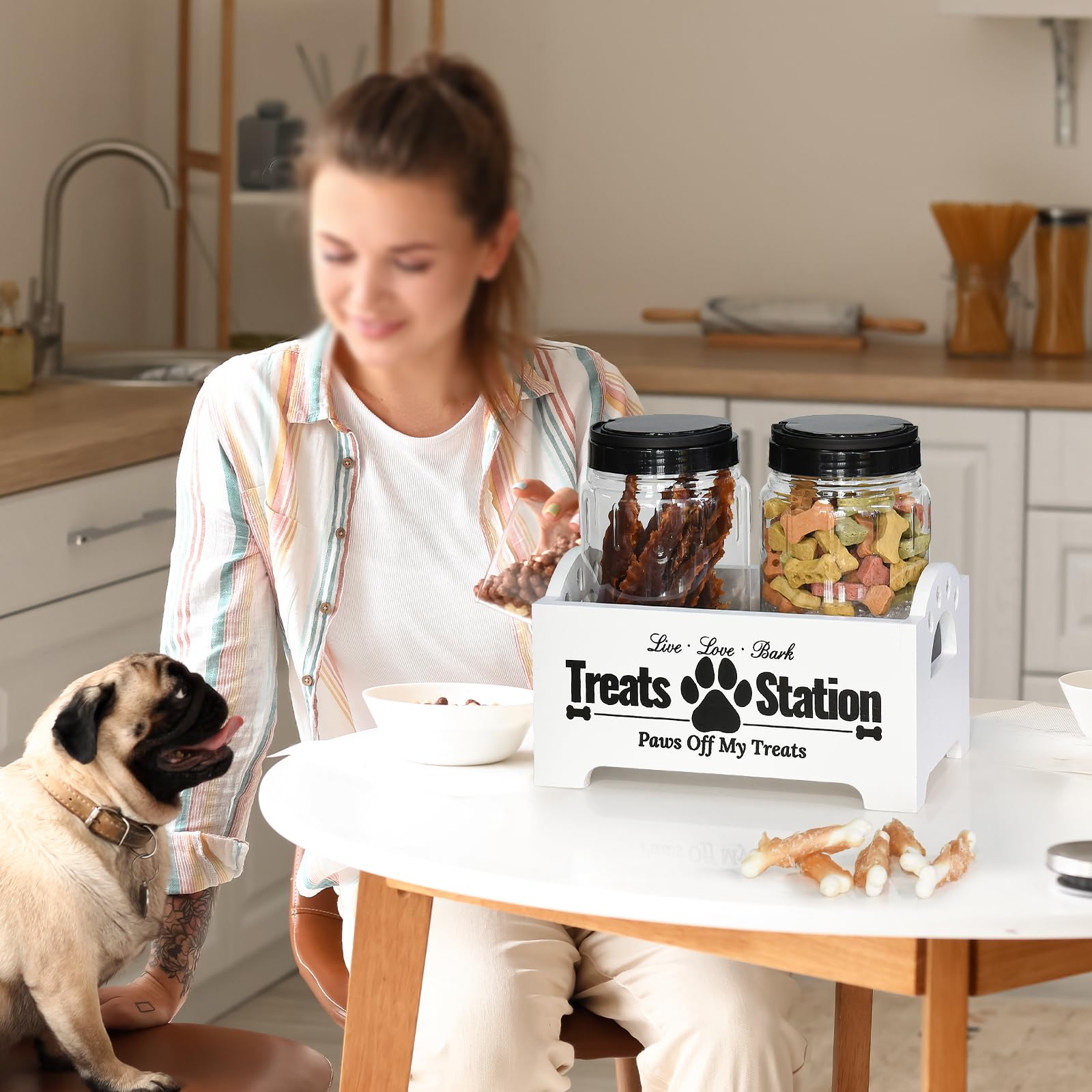 Farmhouse Style Dog and Cat Food Storage Container - Airtight Pet Treat Organizer with 2 Plastic Jars for Dry Food & Snacks - Wooden Pet Food Holder for Kitchen Counter or Pantry Organization (White) - Perfect for Storing Kibble, Biscuits and Keeping Pet Food Fresh